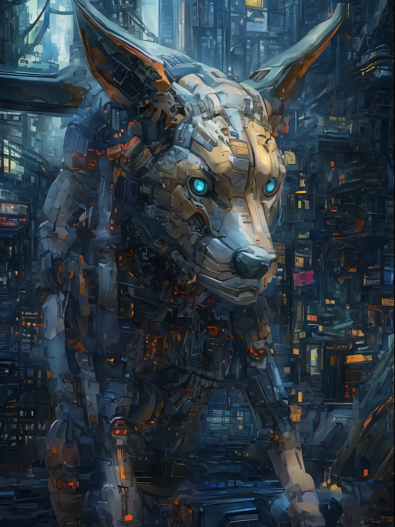 Generate picture which presents cybernetic wold, with electronic and mechanical element in his body (paws, tails, fur, body), wires and cables attached to paws, character focus, best qualisty, ultra-detailed, high detailed CG ilustration, extremely beautifull, science fiction, extremely detailed, dangerous, beauty, aggressive, cyberpunk forest in the background