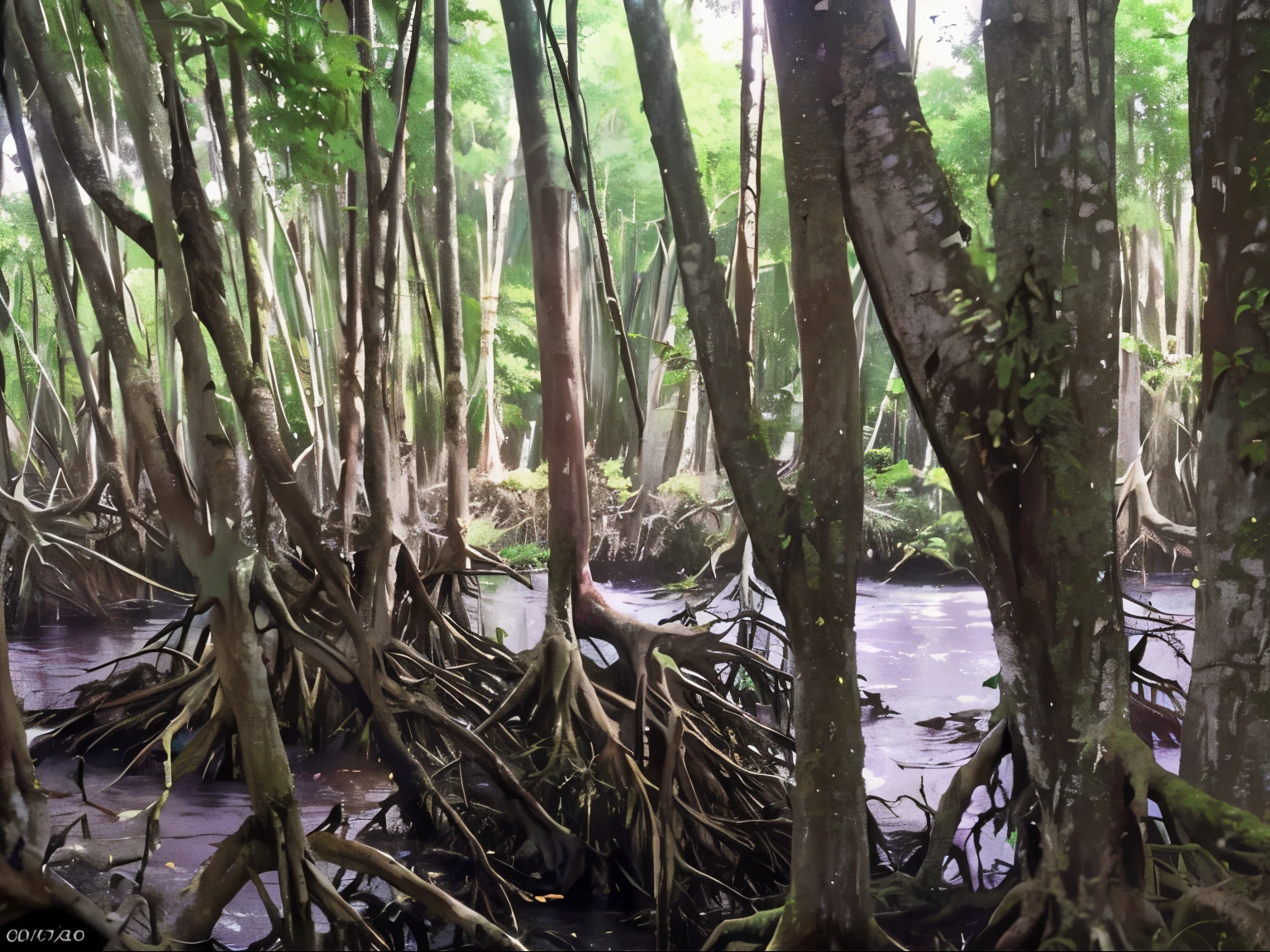 there is a large group of trees that are growing in the woods, mangrove trees, mangrove swamp, swamp forest, buttress tree roots, trees bent over river, trees bent over the river, butress tree roots, dense thickets on each side, overgrown with aquatic plants, roots dangling below, tree roots, overgrown swamp, root system