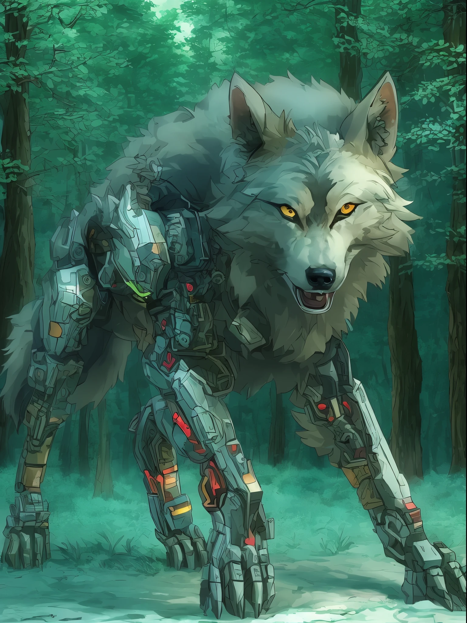 Generate picture which presents cybernetic wolf, with electronic and mechanical element in his body (paws, tails, fur, body), wires and cables attached to paws, character focus, best quality, ultra-detailed, high detailed CG ilustration, extremely beautiful, science fiction, extremely detailed, dangerous, beauty, aggressive, cyberpunk forest in the background. Wolf is standing on four paws, he is ready to attach, whole wolf visible