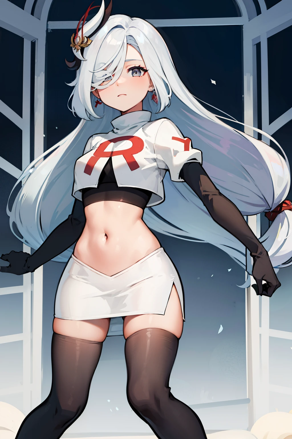 masterpiece, best quality, shenhe \(genshin impact\),hair over one eye, grey eyes, long hair, 1girl, solo, earrings, hair ornament, team rocket,team rocket uniform, red letter R, white skirt,white crop top,black thigh-highs,black elbow gloves