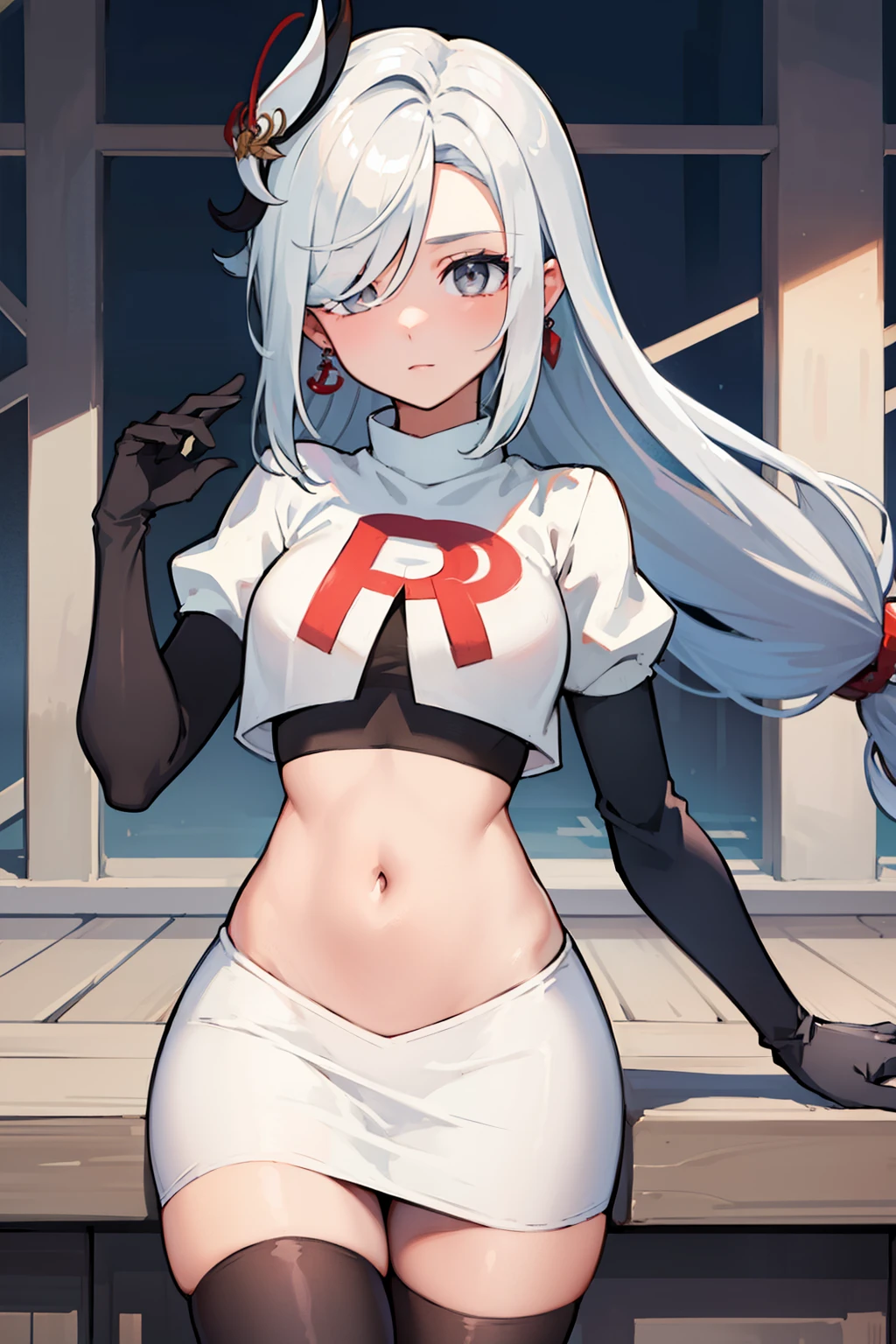 masterpiece, best quality, shenhe \(genshin impact\),hair over one eye, grey eyes, long hair, 1girl, solo, earrings, hair ornament, team rocket,team rocket uniform, red letter R, white skirt,white crop top,black thigh-highs,black elbow gloves