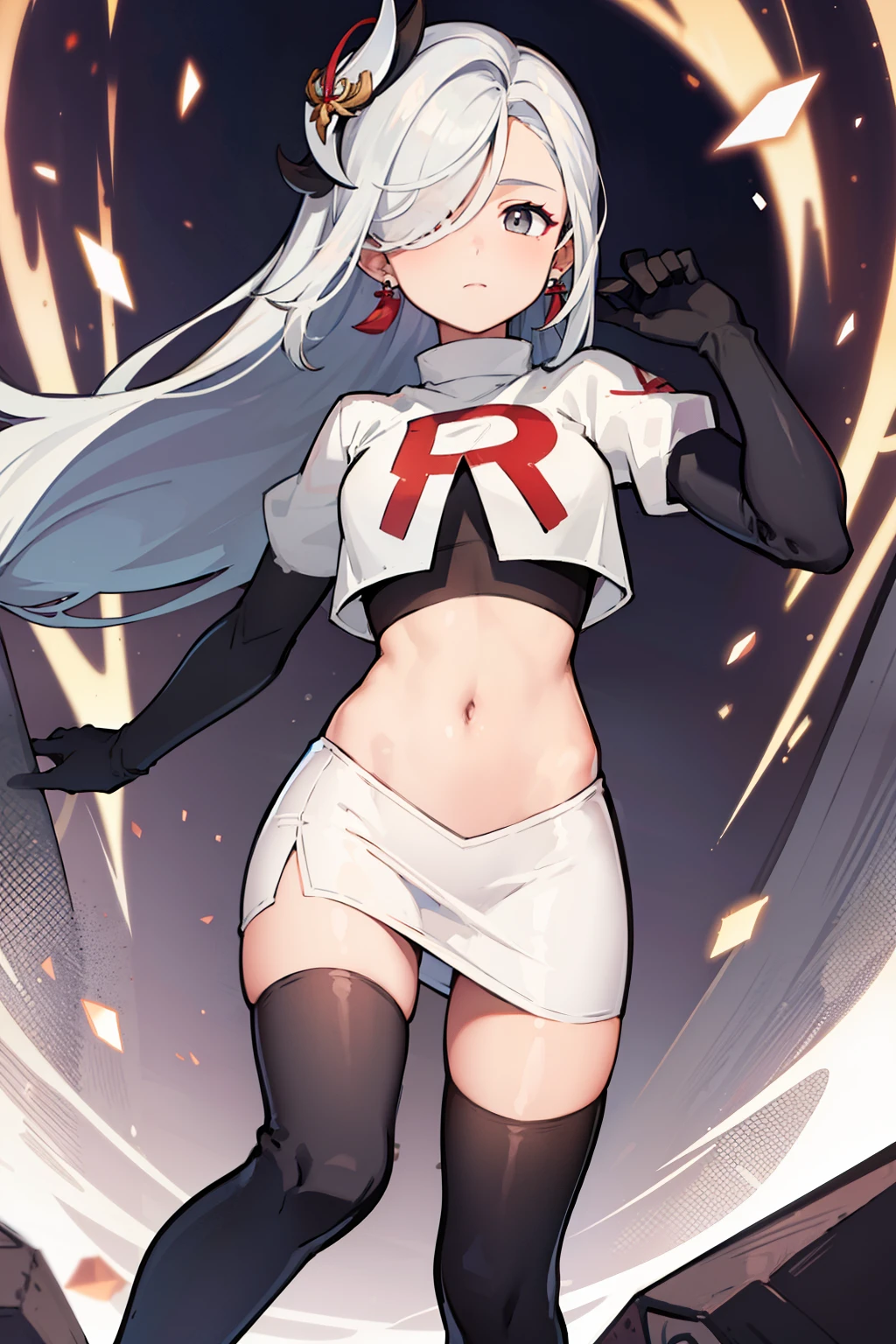 masterpiece, best quality, shenhe \(genshin impact\),hair over one eye, grey eyes, long hair, 1girl, solo, earrings, hair ornament, team rocket,team rocket uniform, red letter R, white skirt,white crop top,black thigh-highs,black elbow gloves