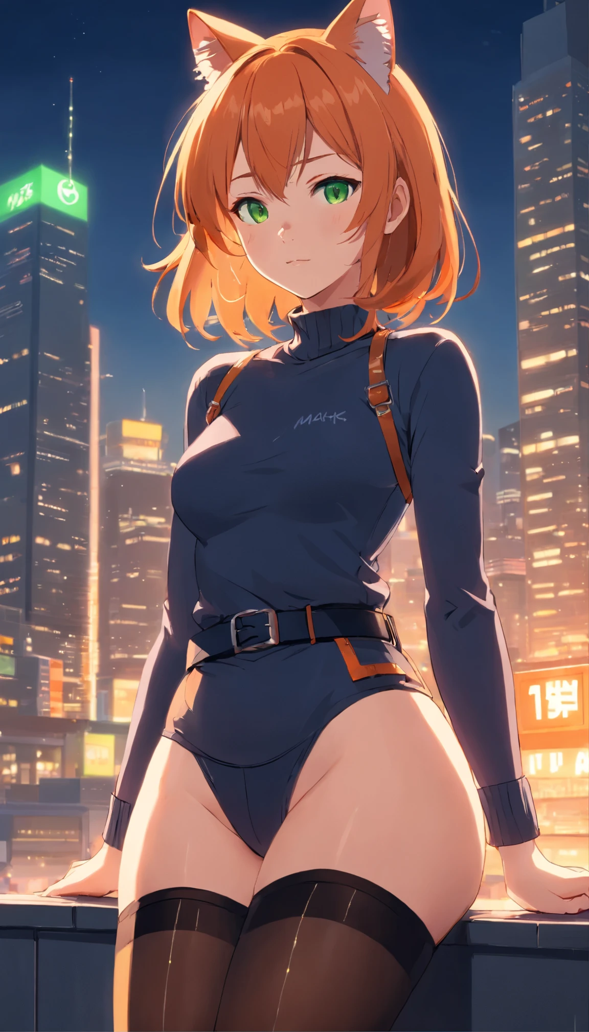 milf, masterpiece, Best quality, ultra detailed, beautiful lighting, 1 girl, orange hair, cat ear, green eyes, freckles, turtleneck top, Looking at the viewer, detailed black stockings with belt, Juicy ass