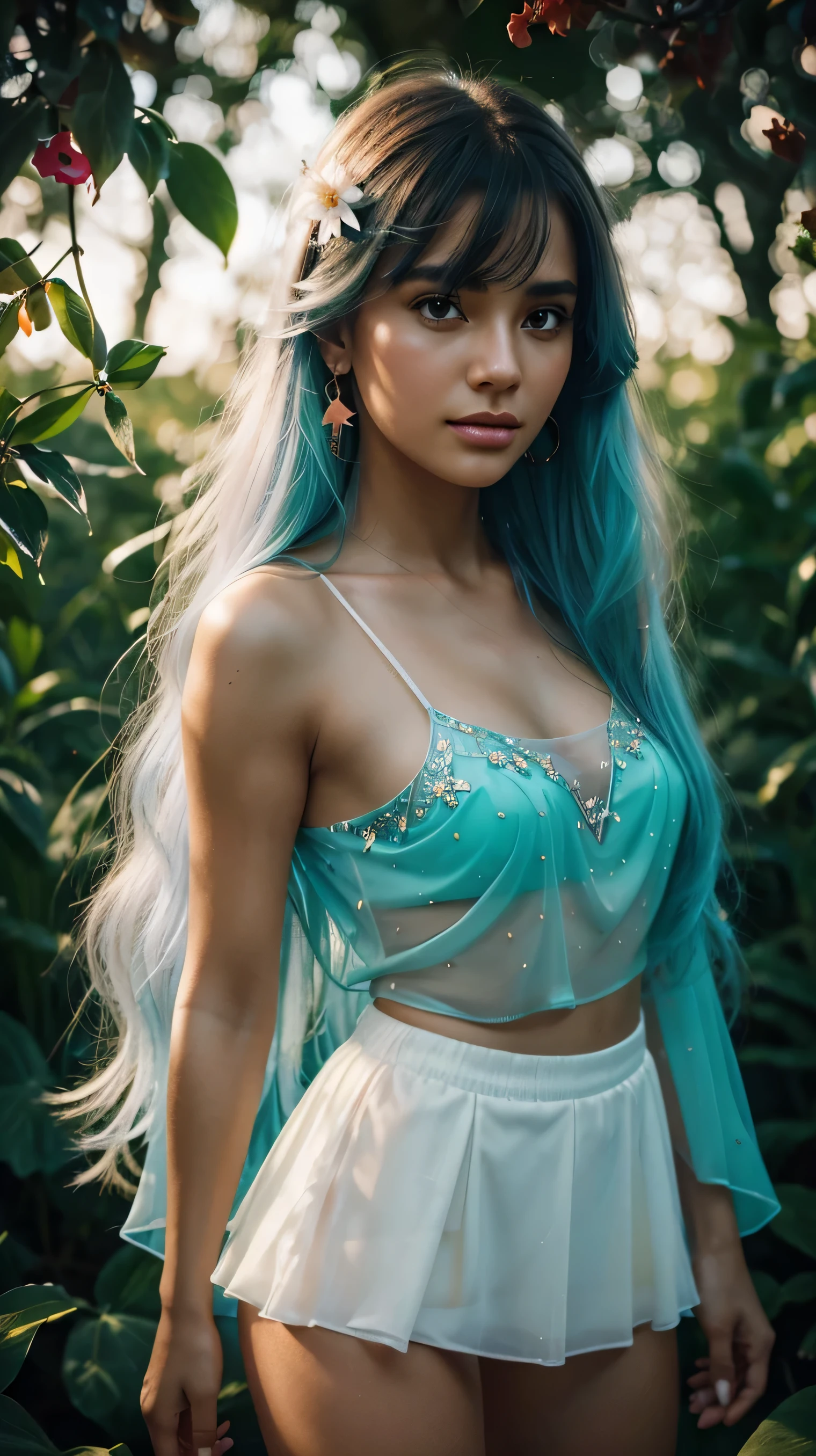 (masterpiece), (best quality), (ultra detailed),(disheed hair),(illustration), (1girl), (Fashionable clothing), standing, Fashion model, looking at viewer, (interview), (simple background), beautiful and delicate eyes, delicate beauty, floating, (high saturation), (colorful splash), colorful bubbles, (shine), focus on face, ponytail, Ayaka Kamisato, light blue hair, bangs, hair circle, floating flowers, flowing hair, (shiny), best lighting, best shadow, full body, vista