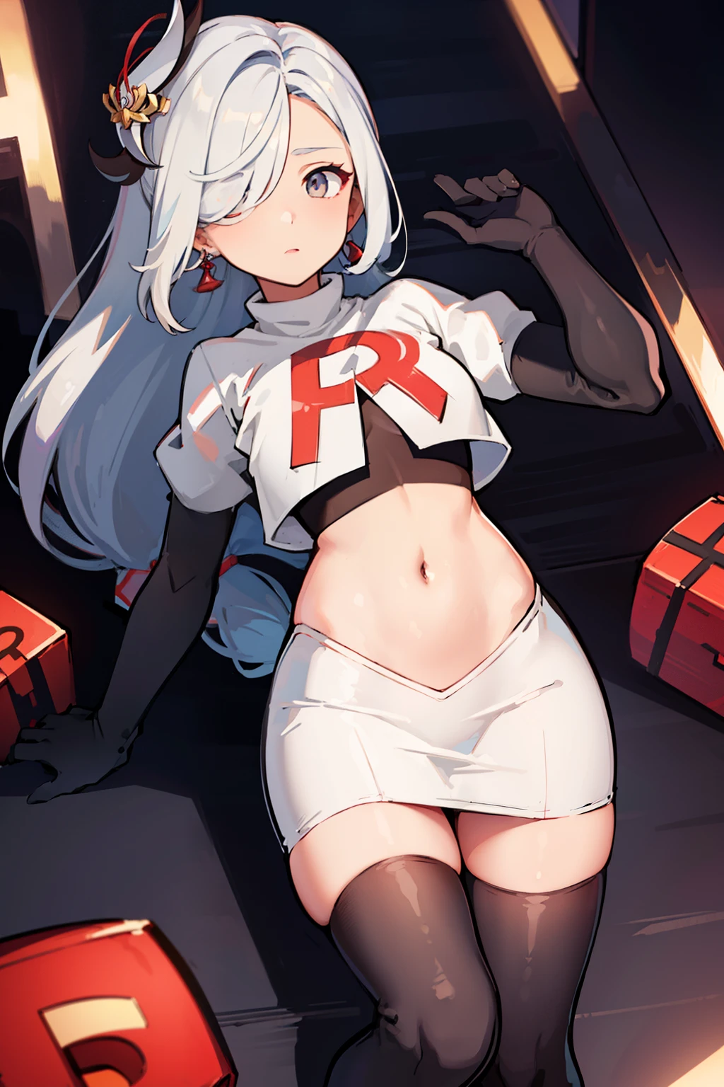 masterpiece, best quality, shenhe \(genshin impact\),hair over one eye, grey eyes, long hair, 1girl, solo, earrings, hair ornament, team rocket,team rocket uniform, red letter R, white skirt,white crop top,black thigh-highs,black elbow gloves