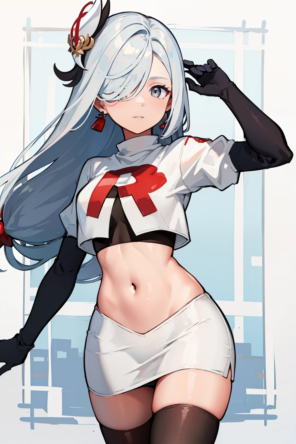 masterpiece, best quality, shenhe \(genshin impact\),hair over one eye, grey eyes, long hair, 1girl, solo, earrings, hair ornament, team rocket,team rocket uniform, red letter R, white skirt,white crop top,black thigh-highs,black elbow gloves