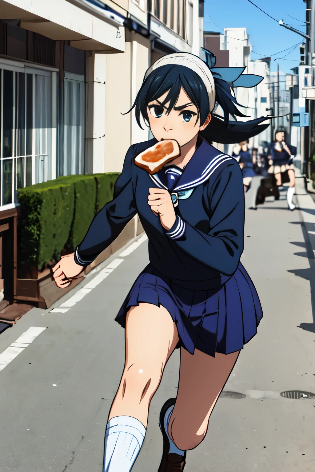 masterpiece, highest quality, girl, serafuku, blue bow, pleated skirt, blue socks, loafers, city street, running, toast in your mouth,