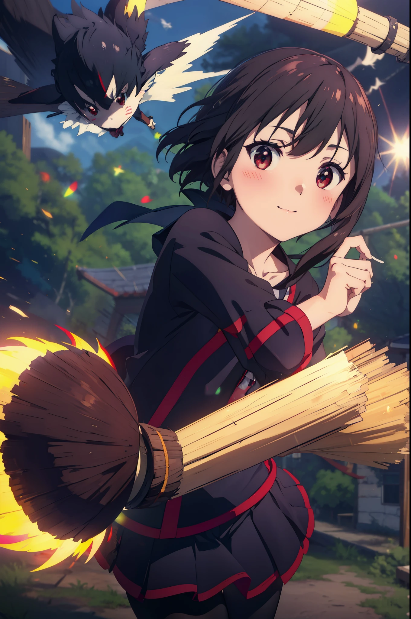 konosubaMegumin, Megumin, short hair, black hair, (red eyes:1.3), short hair with long locks,White sailor,Red cardigan,black pleated skirt,gray pantyhose,brown loafers,
((((flying witch))),((Ride a broom)),broom fライト,Straddling the broom,smile,blush,
break outdoor, forest, nature, wood, village, null, sun, cloud,
break looking at viewer, (cowboy shot:1.5),
break (masterpiece:1.2), highest quality, High resolution, unity 8k wallpaper, (figure:0.8), (detailed and beautiful eyes:1.6), highly detailed face, perfect lighting, Very detailed CG, (perfect hands, perfect anatomy),