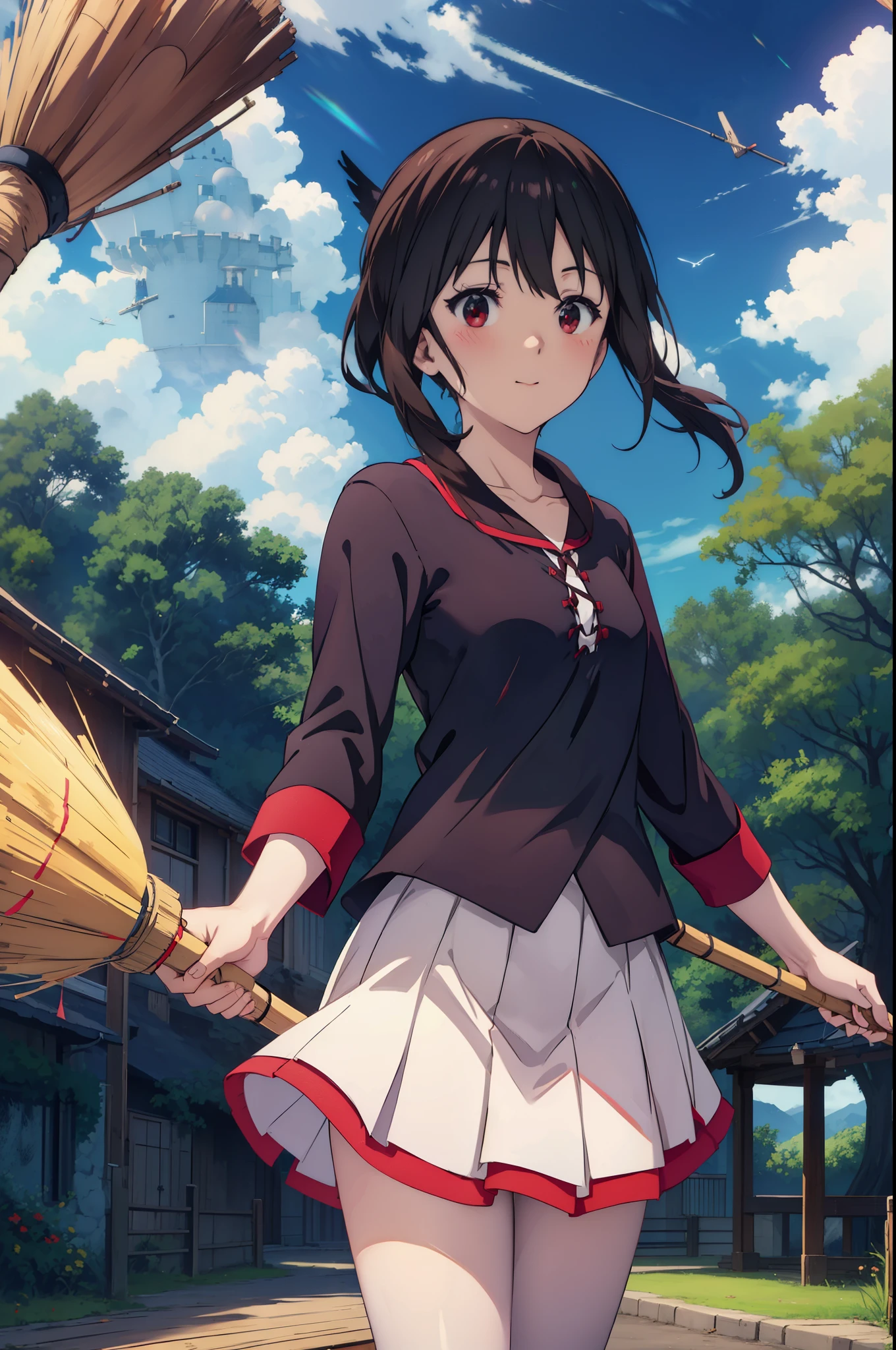 konosubaMegumin, Megumin, short hair, black hair, (red eyes:1.3), short hair with long locks,White sailor,Red cardigan,black pleated skirt,gray pantyhose,brown loafers,
((((flying witch))),((Ride a broom)),broom fライト,Straddling the broom,smile,blush,
break outdoor, forest, nature, wood, village, null, sun, cloud,
break looking at viewer, (cowboy shot:1.5),
break (masterpiece:1.2), highest quality, High resolution, unity 8k wallpaper, (figure:0.8), (detailed and beautiful eyes:1.6), highly detailed face, perfect lighting, Very detailed CG, (perfect hands, perfect anatomy),