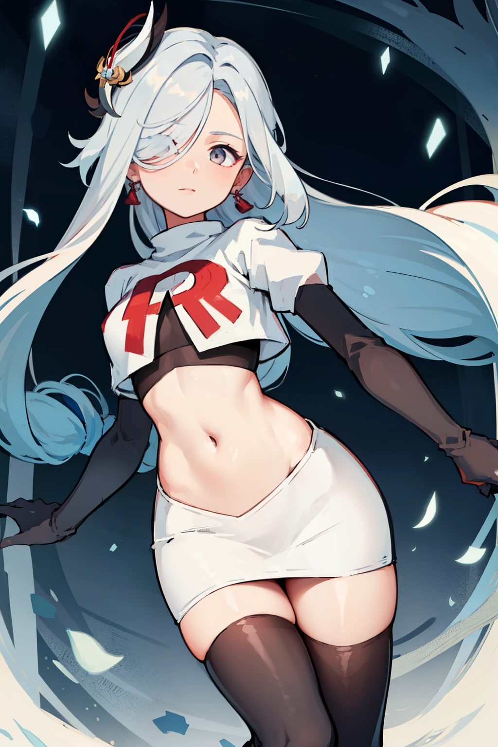 masterpiece, best quality, shenhe \(genshin impact\),hair over one eye, grey eyes, long hair, 1girl, solo, earrings, hair ornament, team rocket,team rocket uniform, red letter R, white skirt,white crop top,black thigh-highs,black elbow gloves