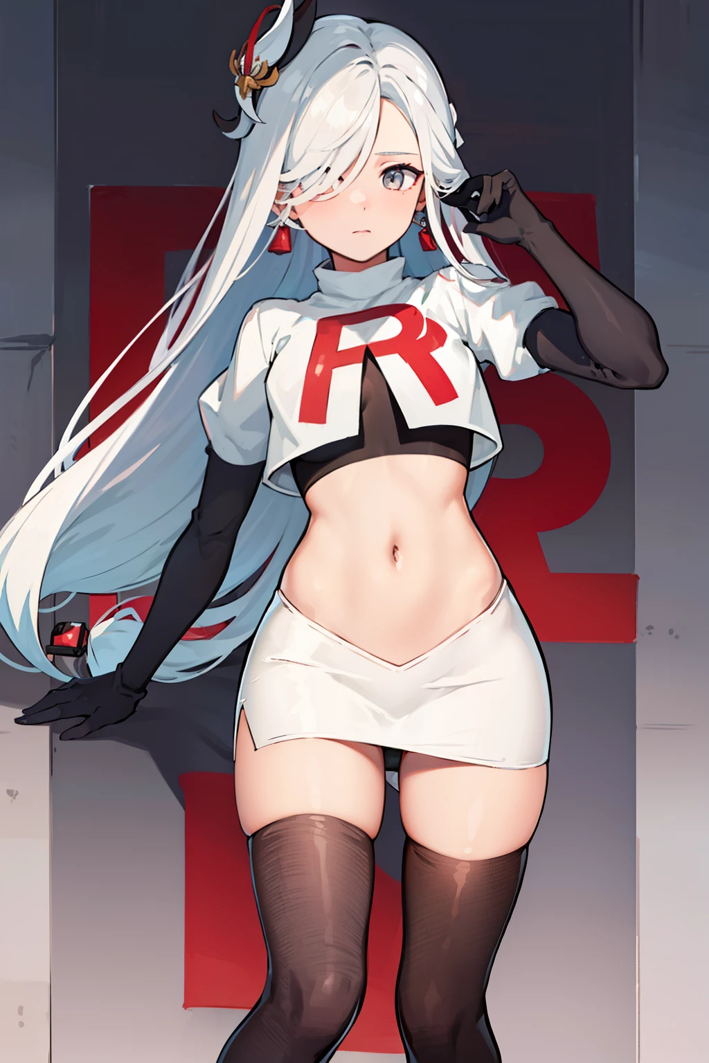 masterpiece, best quality, shenhe \(genshin impact\),hair over one eye, grey eyes, long hair, 1girl, solo, earrings, hair ornament, team rocket,team rocket uniform, red letter R, white skirt,white crop top,black thigh-highs,black elbow gloves