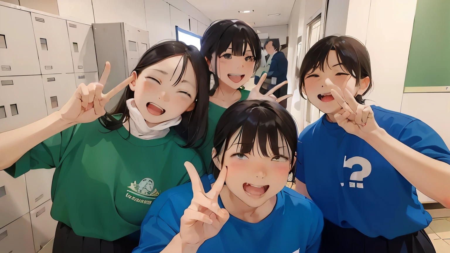 there are four girls posing in a school hallway, Japanese high school, 4A female high school student is making a peace sign, 4person has black hair, shy smile, four girls are all black hair, anime in japan, 8k)), 2D anime style, laugh shyly, picture, Kyoto animation style, beautiful images, Japanese high school, high resolution