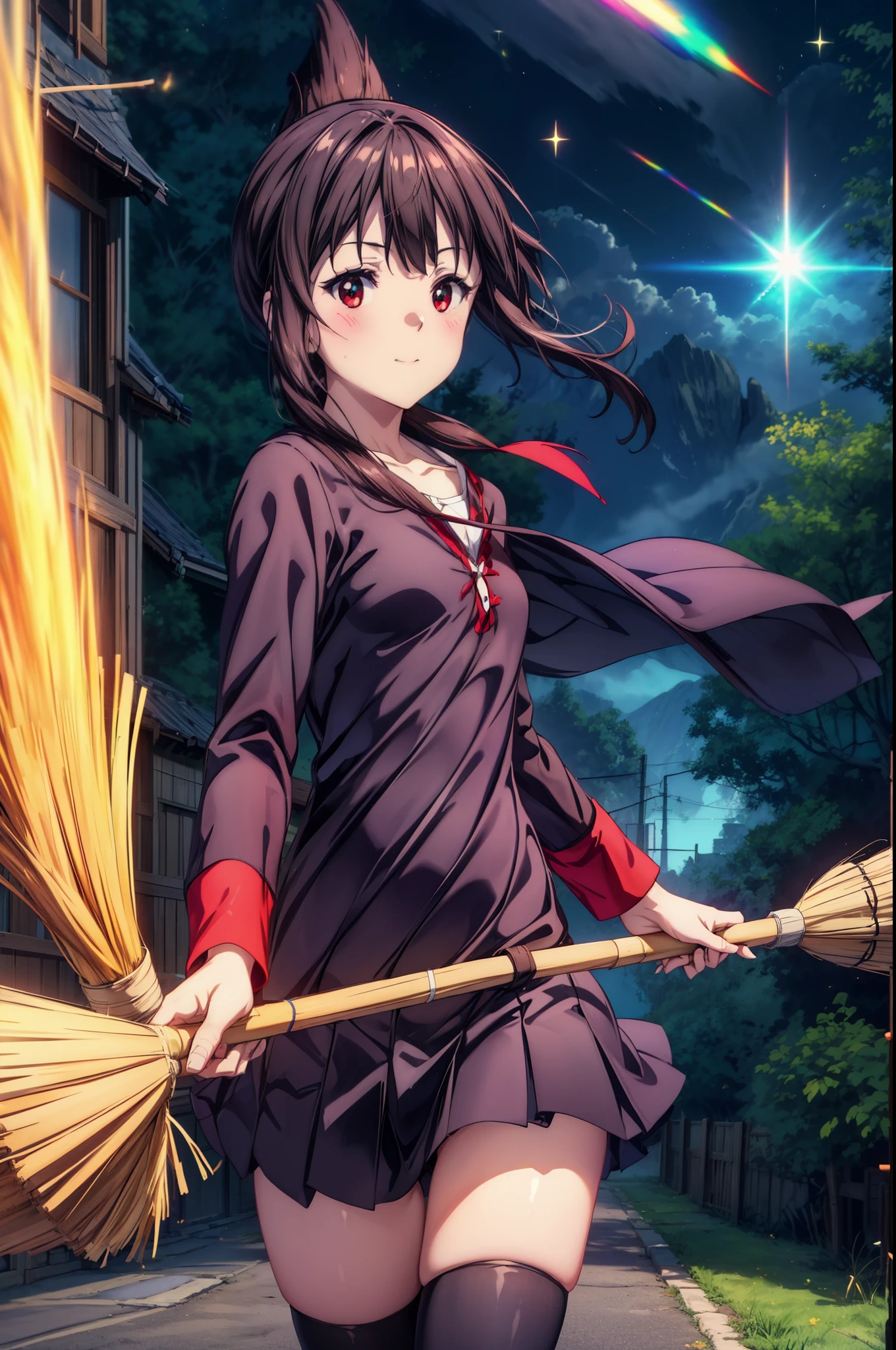 konosubaMegumin, Megumin, short hair, black hair, (red eyes:1.3), short hair with long locks,White sailor,Red cardigan,black pleated skirt,gray pantyhose,brown loafers,
((((flying witch))),((Ride a broom)),broom fライト,Straddling the broom,smile,blush,
break outdoor, forest, nature, wood, village, null, sun, cloud,
break looking at viewer, (cowboy shot:1.5),
break (masterpiece:1.2), highest quality, High resolution, unity 8k wallpaper, (figure:0.8), (detailed and beautiful eyes:1.6), highly detailed face, perfect lighting, Very detailed CG, (perfect hands, perfect anatomy),