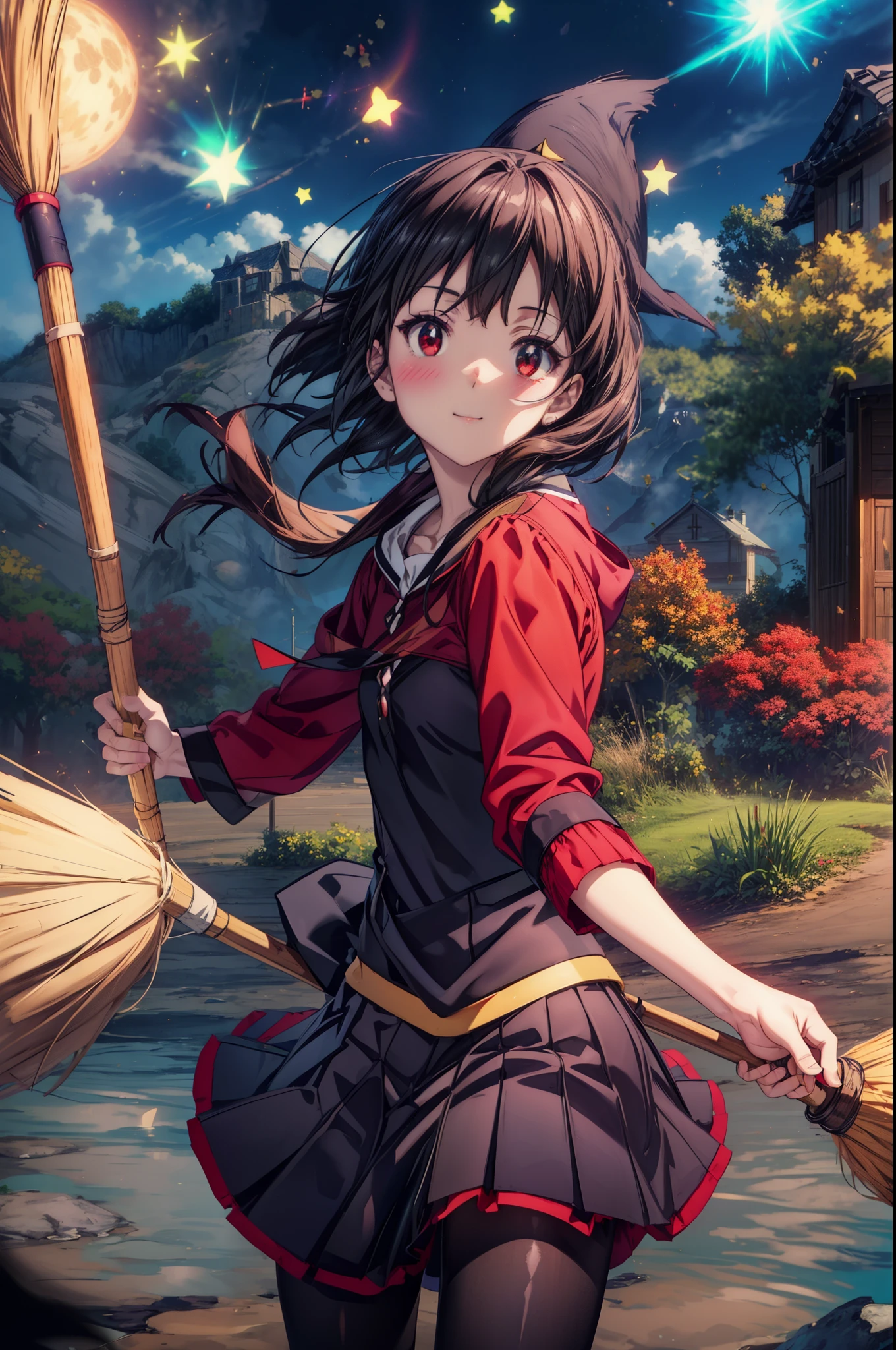 konosubaMegumin, Megumin, short hair, black hair, (red eyes:1.3), short hair with long locks,White sailor,Red cardigan,black pleated skirt,gray pantyhose,brown loafers,
((((flying witch))),((Ride a broom)),broom fライト,Straddling the broom,smile,blush,
break outdoor, forest, nature, wood, village, null, sun, cloud,
break looking at viewer, (cowboy shot:1.5),
break (masterpiece:1.2), highest quality, High resolution, unity 8k wallpaper, (figure:0.8), (detailed and beautiful eyes:1.6), highly detailed face, perfect lighting, Very detailed CG, (perfect hands, perfect anatomy),