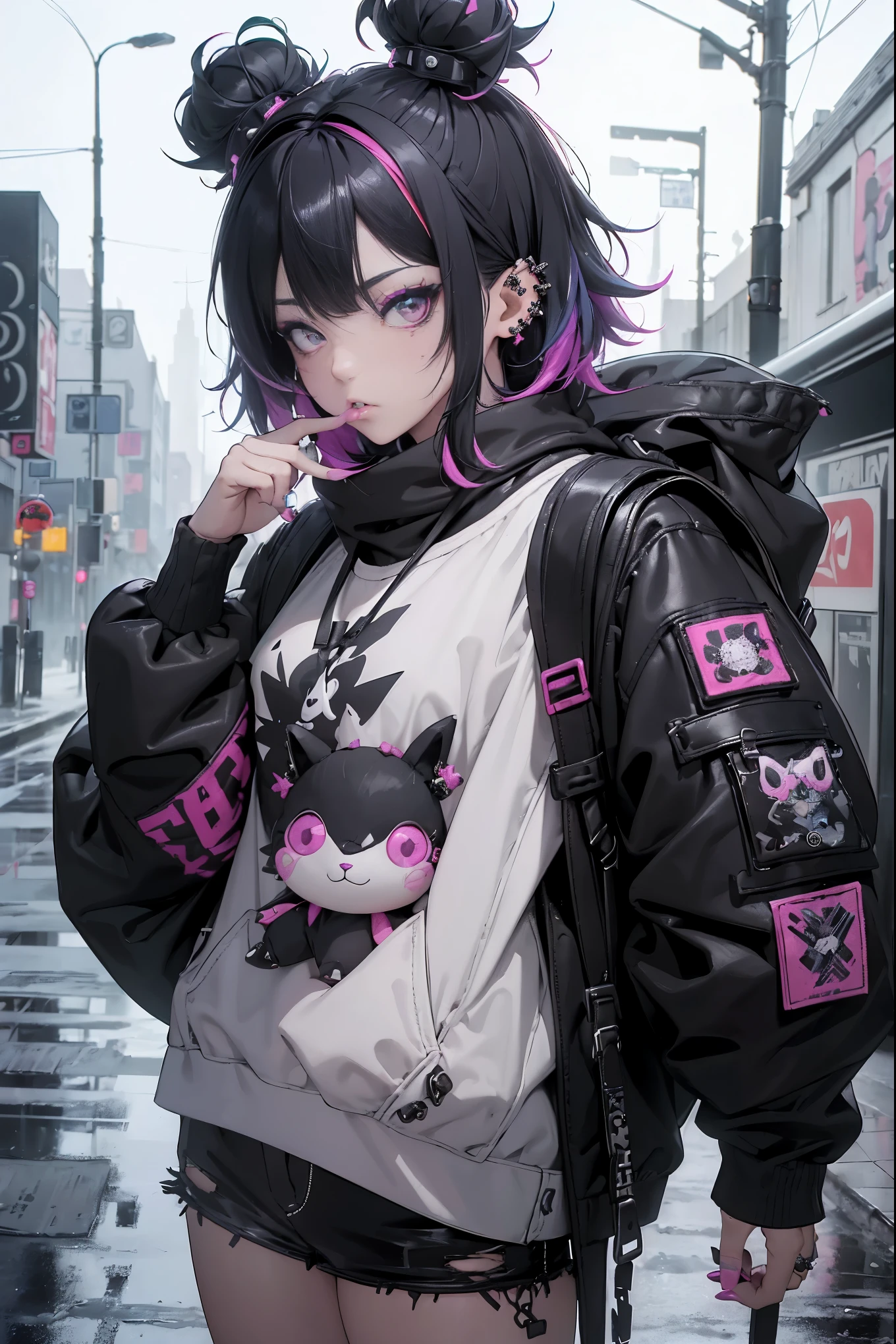 (highest quality、8k、32K、masterpiece、nffsw:1.3)、(Photoreal:1.4),(shoot from front,looking at viewer,1.5)、18-year-old punk girl,eccentric punk hair,(Multiple piercings on face1.5)、((Black and shocking red punk fashion 1.5)),clothes with studs、He holds a stuffed crazy bunny in his left hand.、big black backpack on the back、(one with bright black and pink hair.5),Wacky makeup、、dark background、Desolate city in the rain、puddle on the road、(cinematic lighting)、Depth of the bounds written,blurred background、