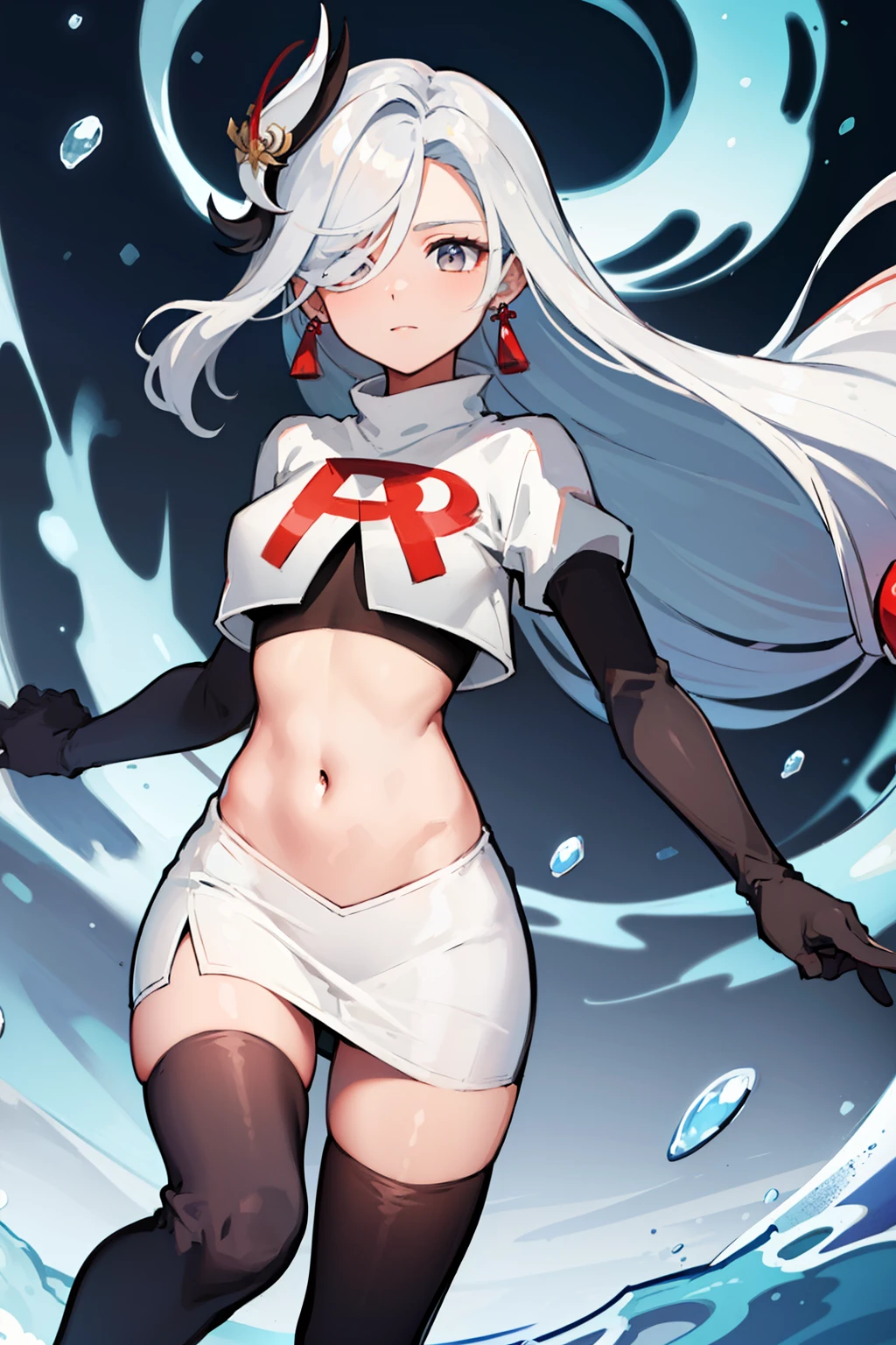 masterpiece, best quality, shenhe \(genshin impact\),hair over one eye, grey eyes, long hair, 1girl, solo, earrings, hair ornament, team rocket,team rocket uniform, red letter R, white skirt,white crop top,black thigh-highs,black elbow gloves