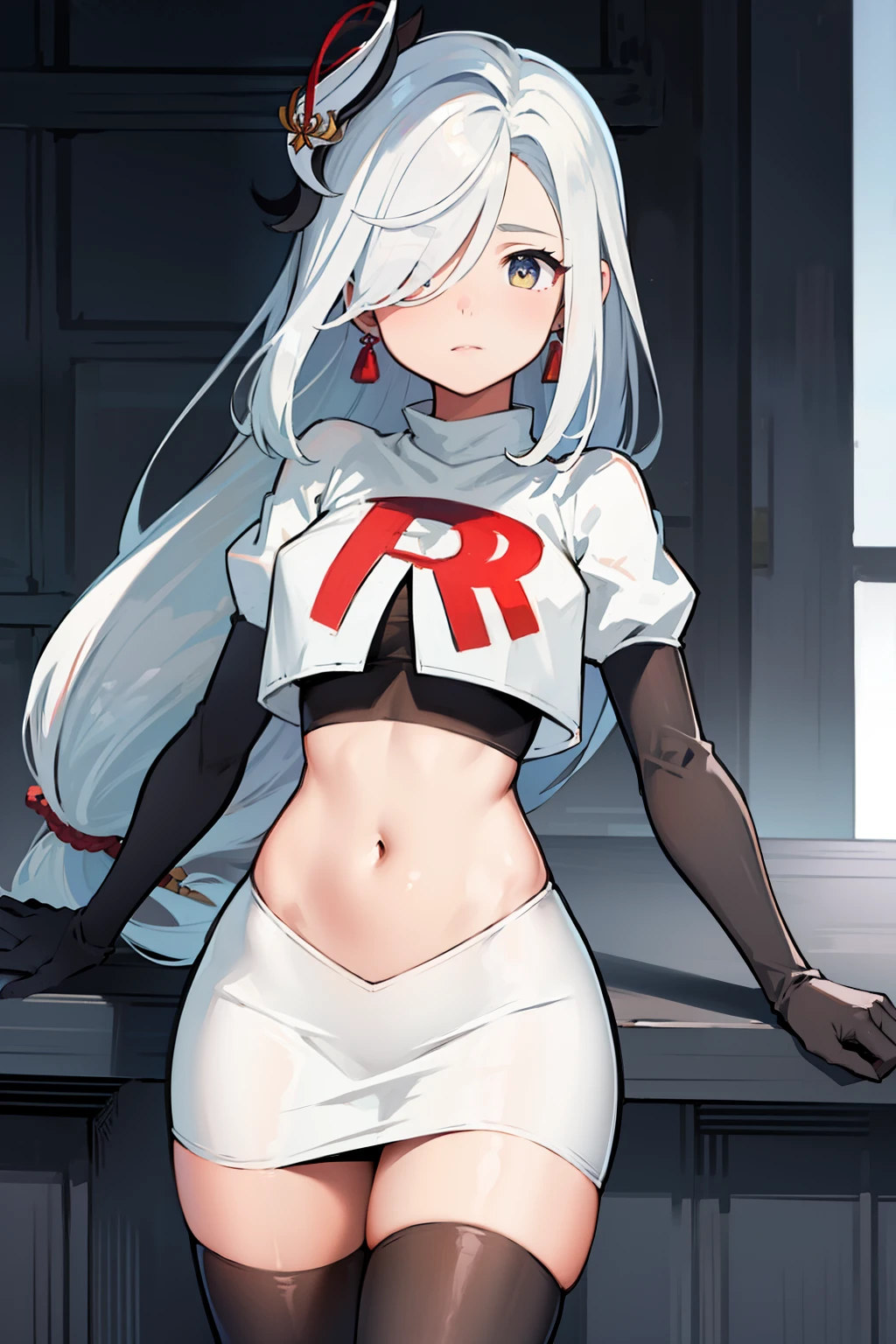 masterpiece, best quality, shenhe \(genshin impact\),hair over one eye, grey eyes, long hair, 1girl, solo, earrings, hair ornament, team rocket,team rocket uniform, red letter R, white skirt,white crop top,black thigh-highs,black elbow gloves