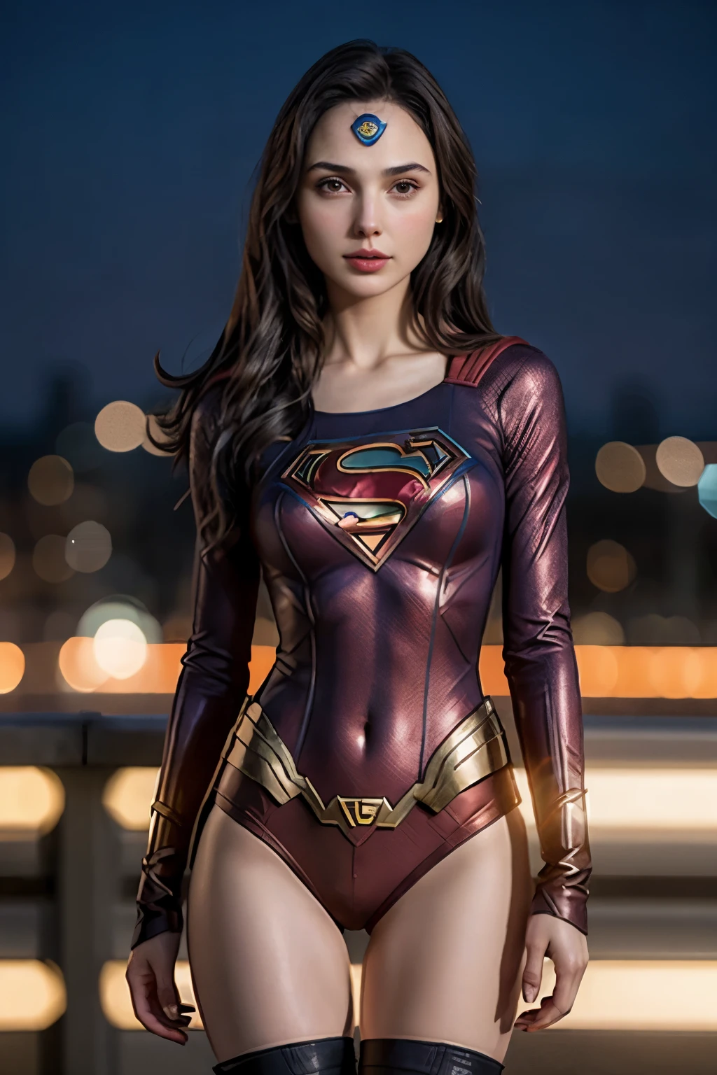 Gal Gadot, magnifique jeune femme, 25 ans, shorts, costume Supergirl, costume maillot, thigh gap, mince, flat chest, Dusk:0.7, bokeh particules, ultra realistic, perfect quality