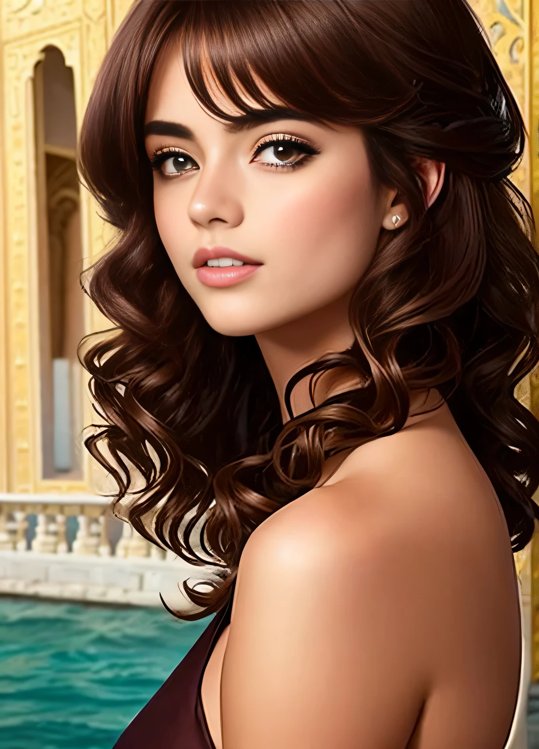 Gerar hiper imagem realista de uma mulher bonita com cabelo parecido rico, aveludado chocolate. Imagine her standing in a dream scenario, cercado por suave, ethereal lighting that accentuates your hair&#39;s delicious chocolate tones. A atmosfera de sonho aumenta sua beleza, criando uma cena cativante que transporta os espectadores para um castelo espanhol. ,itacstl