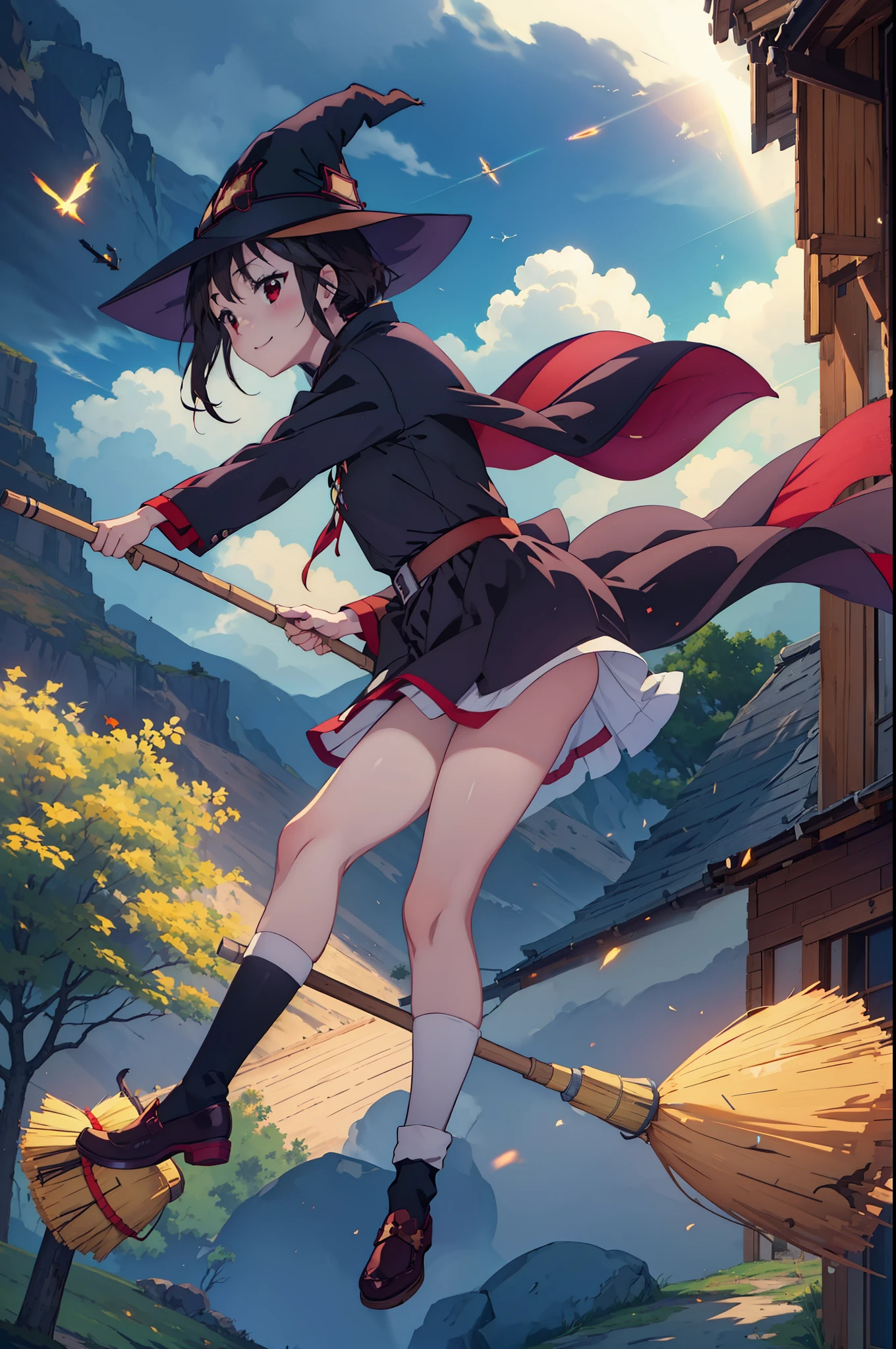 konosubaMegumin, Megumin, short hair, black hair, (red eyes:1.3), short hair with long locks,White sailor,Red cardigan,black pleated skirt,gray pantyhose,brown loafers,
((((flying witch))),((Ride a broom)),broom fライト,Straddling the broom,smile,blush,
break outdoor, forest, nature, wood, village, null, sun, cloud,
break looking at viewer, (cowboy shot:1.5),
break (masterpiece:1.2), highest quality, High resolution, unity 8k wallpaper, (figure:0.8), (detailed and beautiful eyes:1.6), highly detailed face, perfect lighting, Very detailed CG, (perfect hands, perfect anatomy),