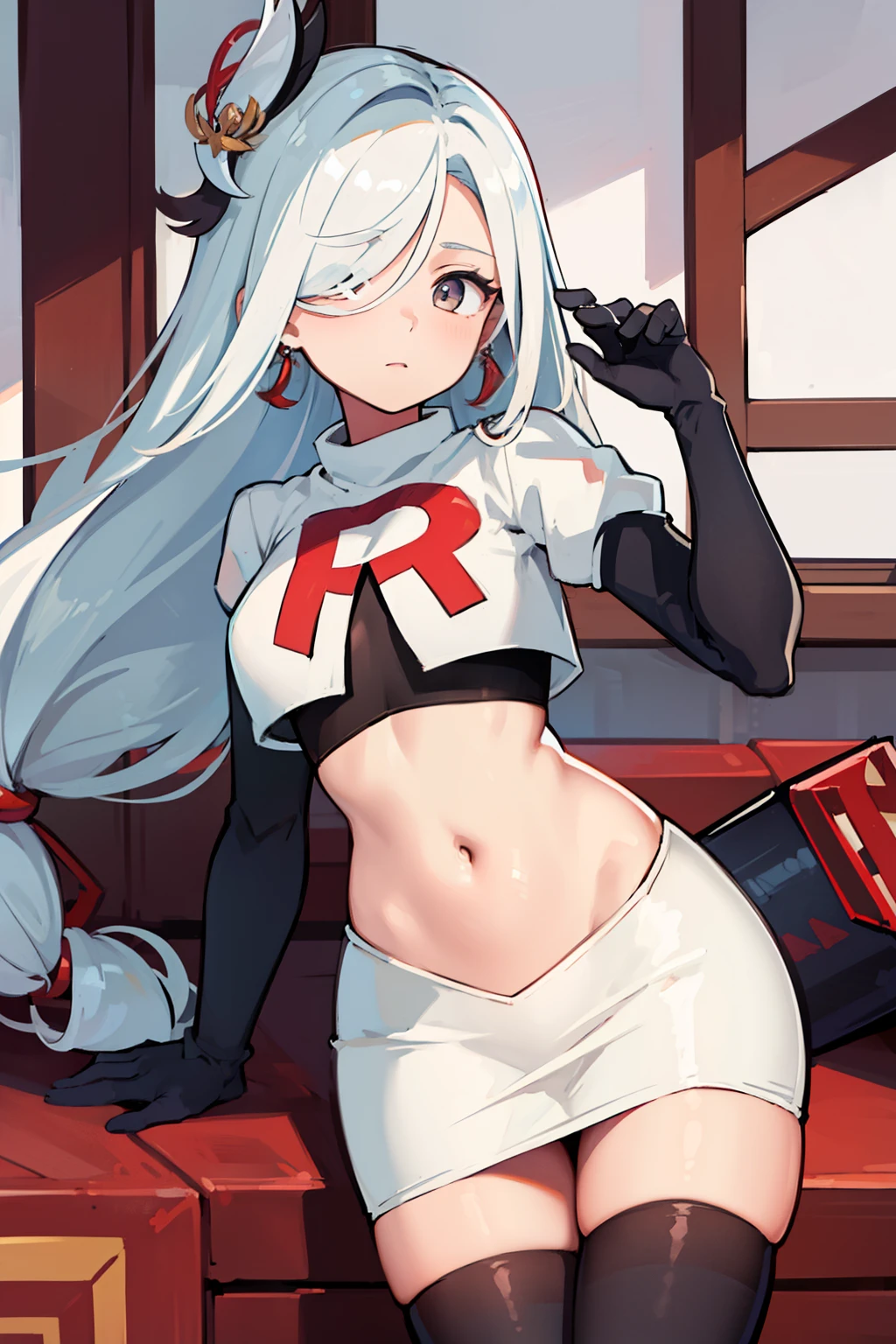 masterpiece, best quality, shenhe \(genshin impact\),hair over one eye, grey eyes, long hair, 1girl, solo, earrings, hair ornament, team rocket,team rocket uniform, red letter R, white skirt,white crop top,black thigh-highs,black elbow gloves