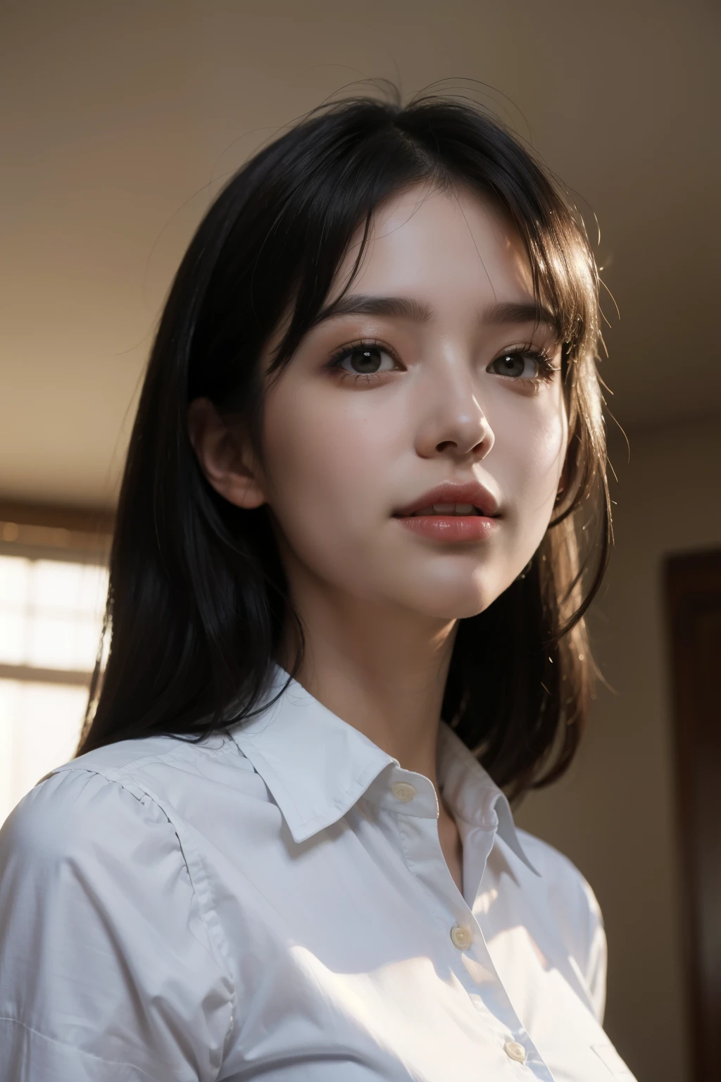 highest quality, masterpiece, (realistic:1.4), 1 girl, light smile, collared shirt, Upper body, dramatic lighting, from below