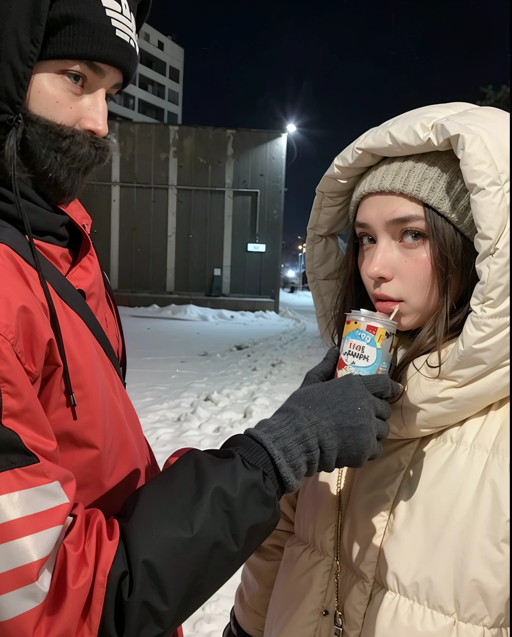 There is a man and a woman who are standing in the snow, Cold as ice! 🧊, typical russian atmosphere, extreme Cold, toma comercial, sosteniendo salsa picante, Cold weather, Cold freezing nights, tomando un descanso para fumar, beber jarabe para la tos, Cold, anna nikonova aka newmilky, frank franzzeta y sakimichan, con una pajita