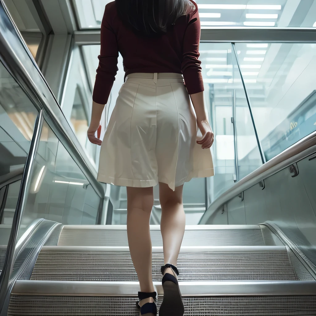 table top, highest quality, figure, super detailed, finely, High resolution, 8k wallpaper, 完璧なダイナミックな構figure, office lady, 2 girls, skirt, skirt fluttering in the wind, medium hair, natural color lip, sexy back view, beautiful feet, Take a picture of the inside of the skirt from below, white pants, back photo, ride the escalator