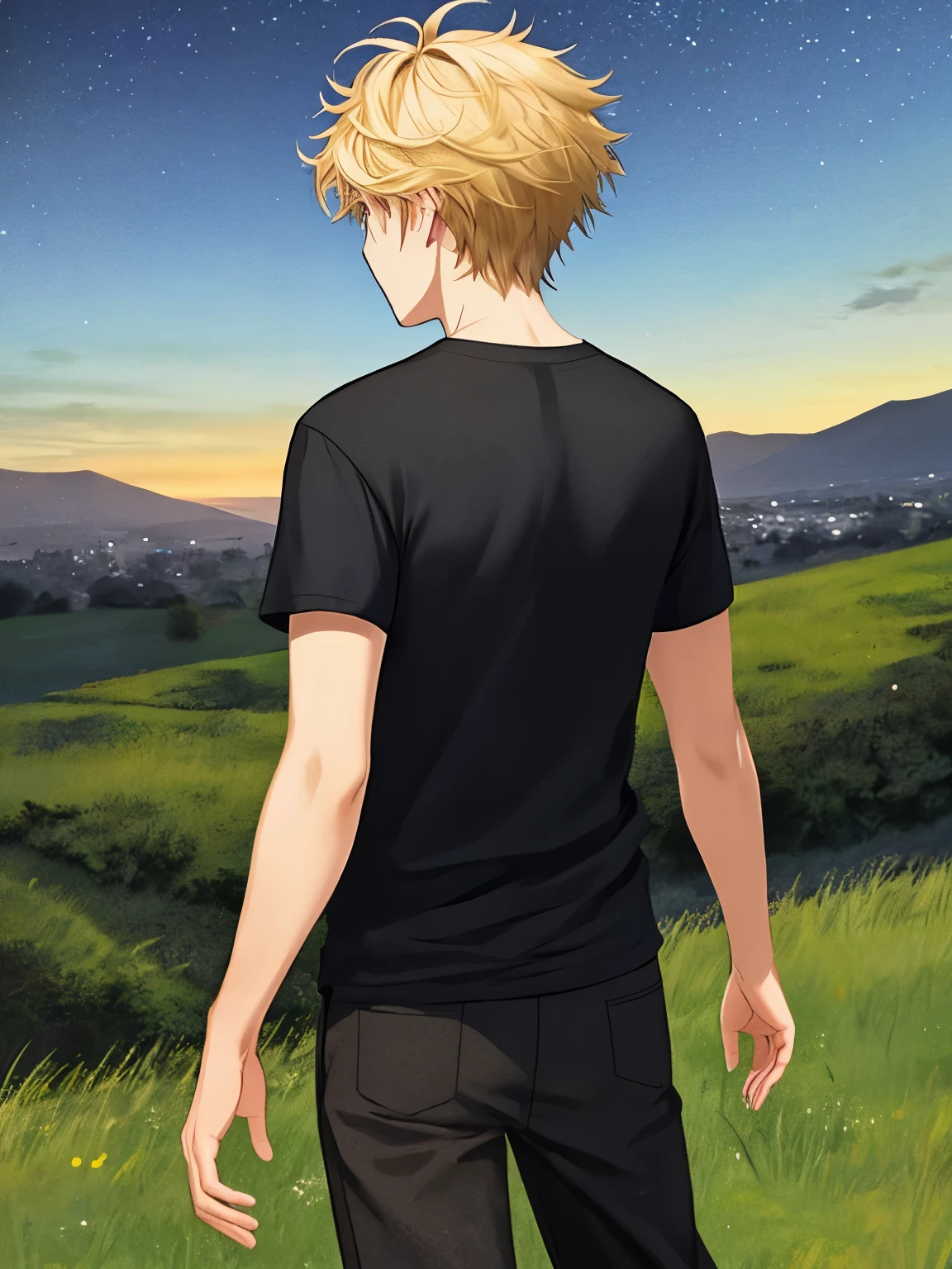 1 boy,solo,20 years old, facing backwards,On the grass hill, at night,Facing backwards, camera angle from behind, photo from behind,close up photo,looking away, short hair, blonde hair,messy hair,black t-shirt, Plain t-shirt,black t-shirt,short sleeve t-shirt,black trousers, Long pants