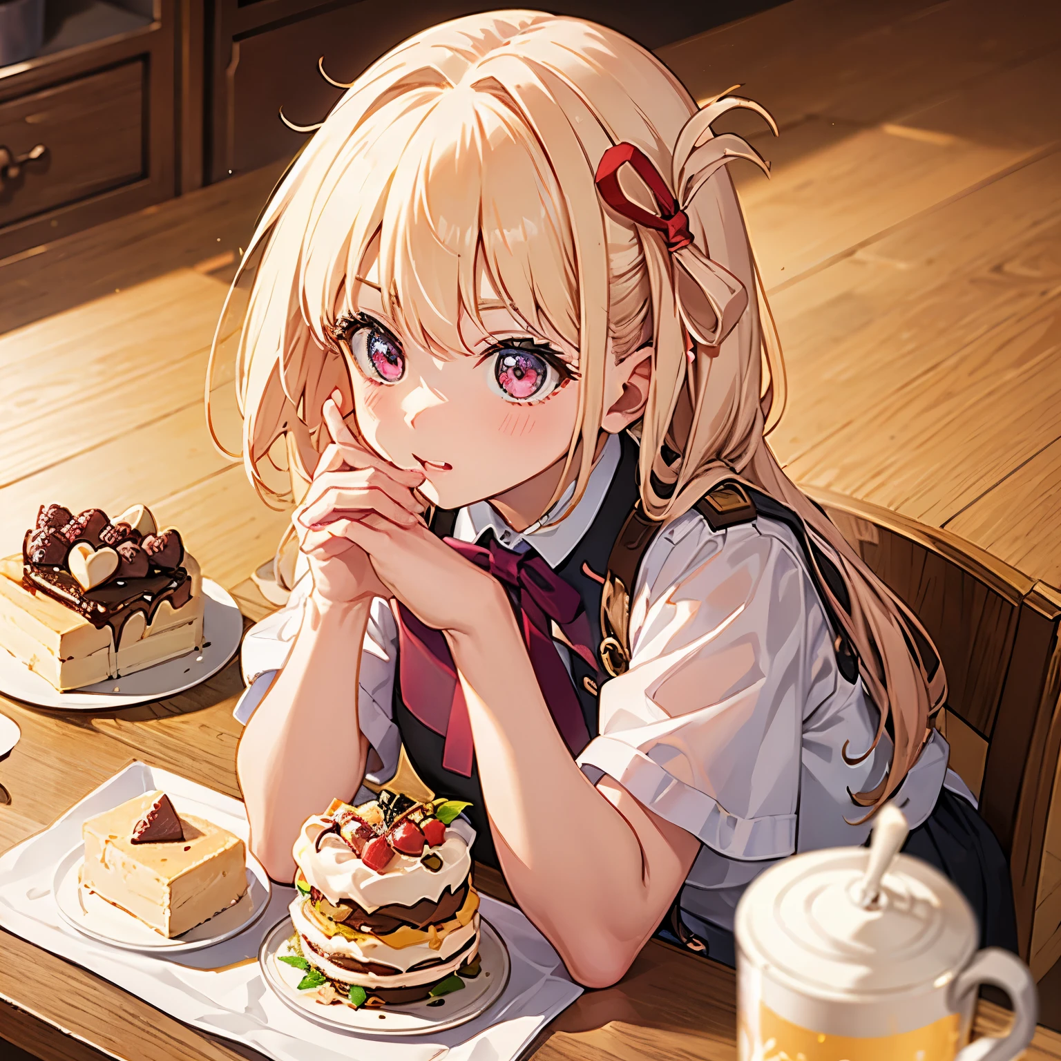 cute　highest quality　masterpiece　normal five fingers、Eyes are hearts　Lustrous hair maid café clerk、A wide variety of desserts on top of the table