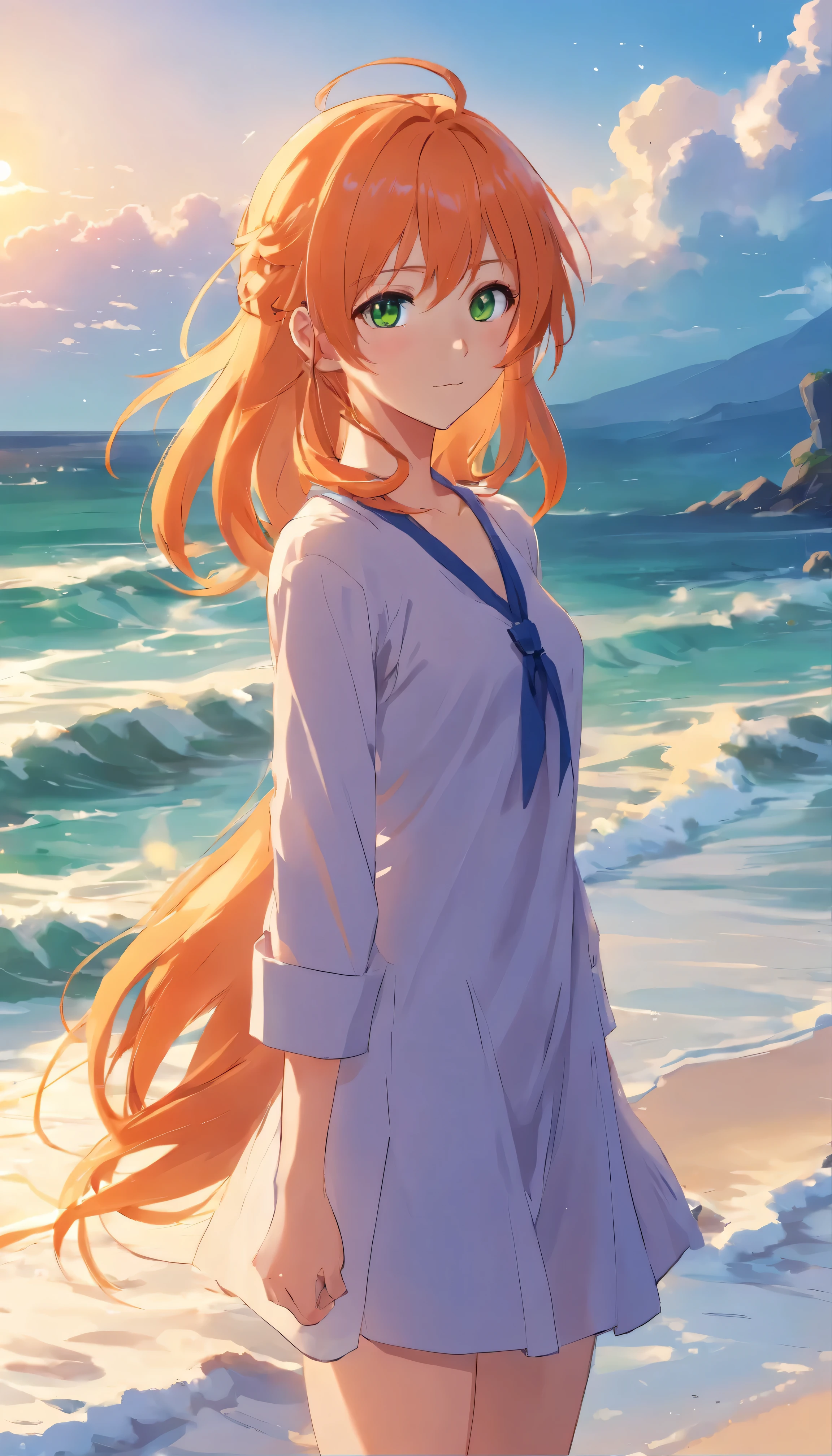 Anime girl with long orange hair, standing on the beach near the ocean, green eyes detailed digital anime art, Anime girl with long hair, гладкое аниме cg art, Anime girl with long hair, digital anime art, work in Guweiz style, Beautiful anime portrait, Photorealistic render of an anime girl, Beautiful anime girl, advanced digital anime art, guweiz на artstation pixiv HD UHD HQ