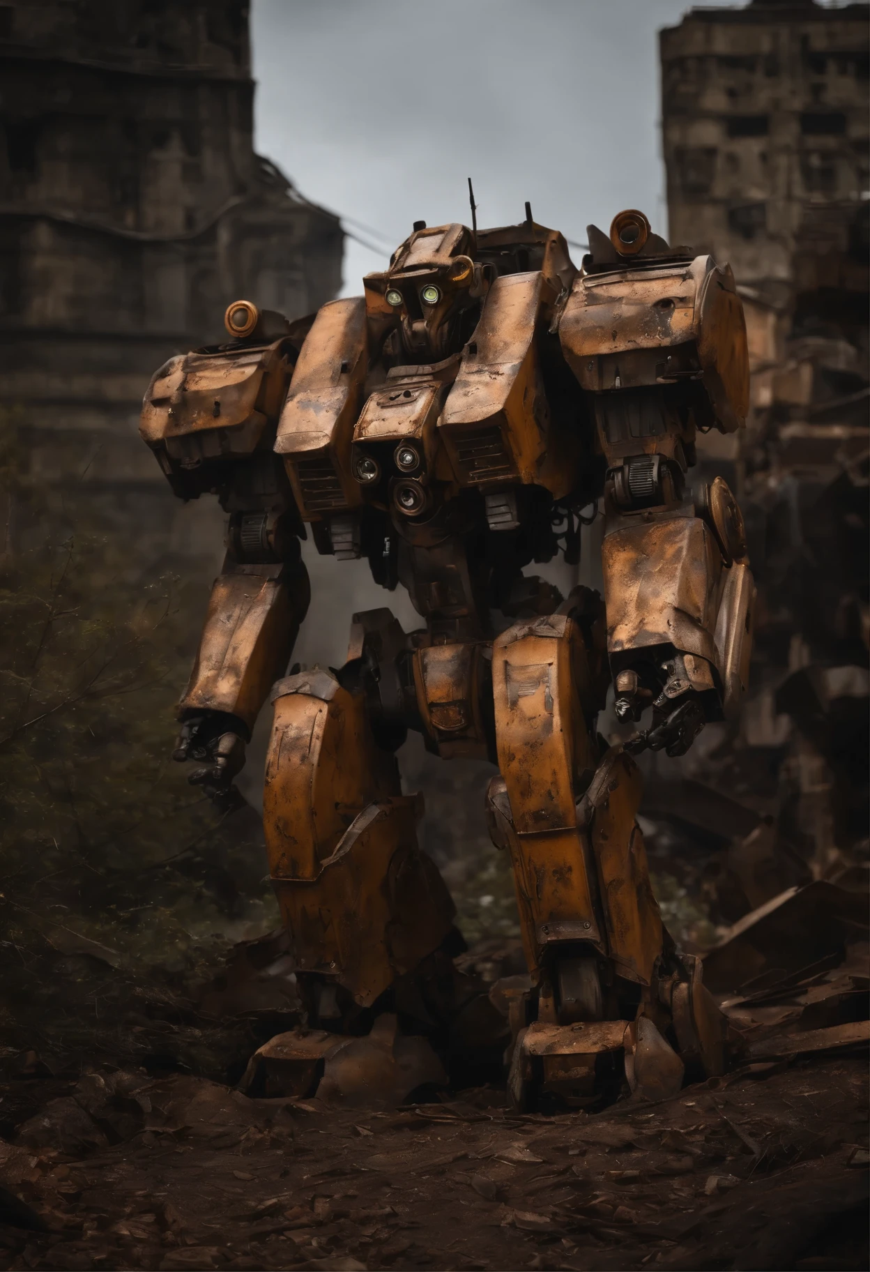 cinematic photo Mechanical cyborg (Iron Man), (((steampunk))), rusty old armor, old metal, robot, (((full body visible))), wires, realistic, creepy, scary, cables, apocalyptic background, looking at viewer, portrait, photography, detailed skin, realistic, photo-realistic, 8k, highly detailed, full length frame, High detail RAW color art, piercing, diffused soft lighting, shallow depth of field, sharp focus, hyperrealism, cinematic lighting,5mm photograph, film, bokeh, professional, 4k, highly detailed