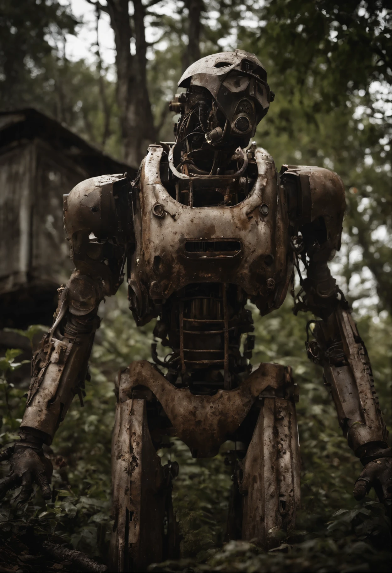 cinematic photo Mechanical cyborg (Iron Man), (((steampunk))), rusty old armor, old metal, robot, (((full body visible))), wires, realistic, creepy, scary, cables, apocalyptic background, looking at viewer, portrait, photography, detailed skin, realistic, photo-realistic, 8k, highly detailed, full length frame, High detail RAW color art, piercing, diffused soft lighting, shallow depth of field, sharp focus, hyperrealism, cinematic lighting,5mm photograph, film, bokeh, professional, 4k, highly detailed