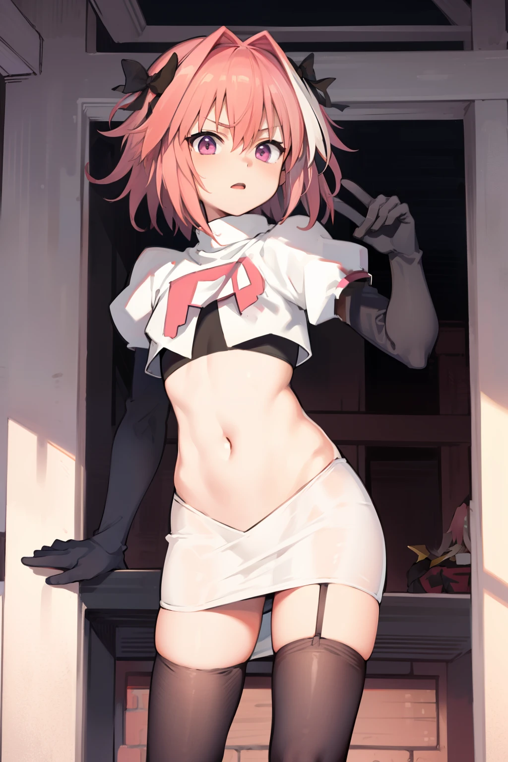 absurdres, masterpiece, best quality, (astolfo fate:1.2155), 1boy, male focus, trap, pink multicolored hair, pink hair, white hair, hair intakes, long hair, pink detailed eyes, crossdressing,1boy, team rocket,team rocket uniform, red letter R, white skirt,white crop top,black thigh-highs,black elbow gloves