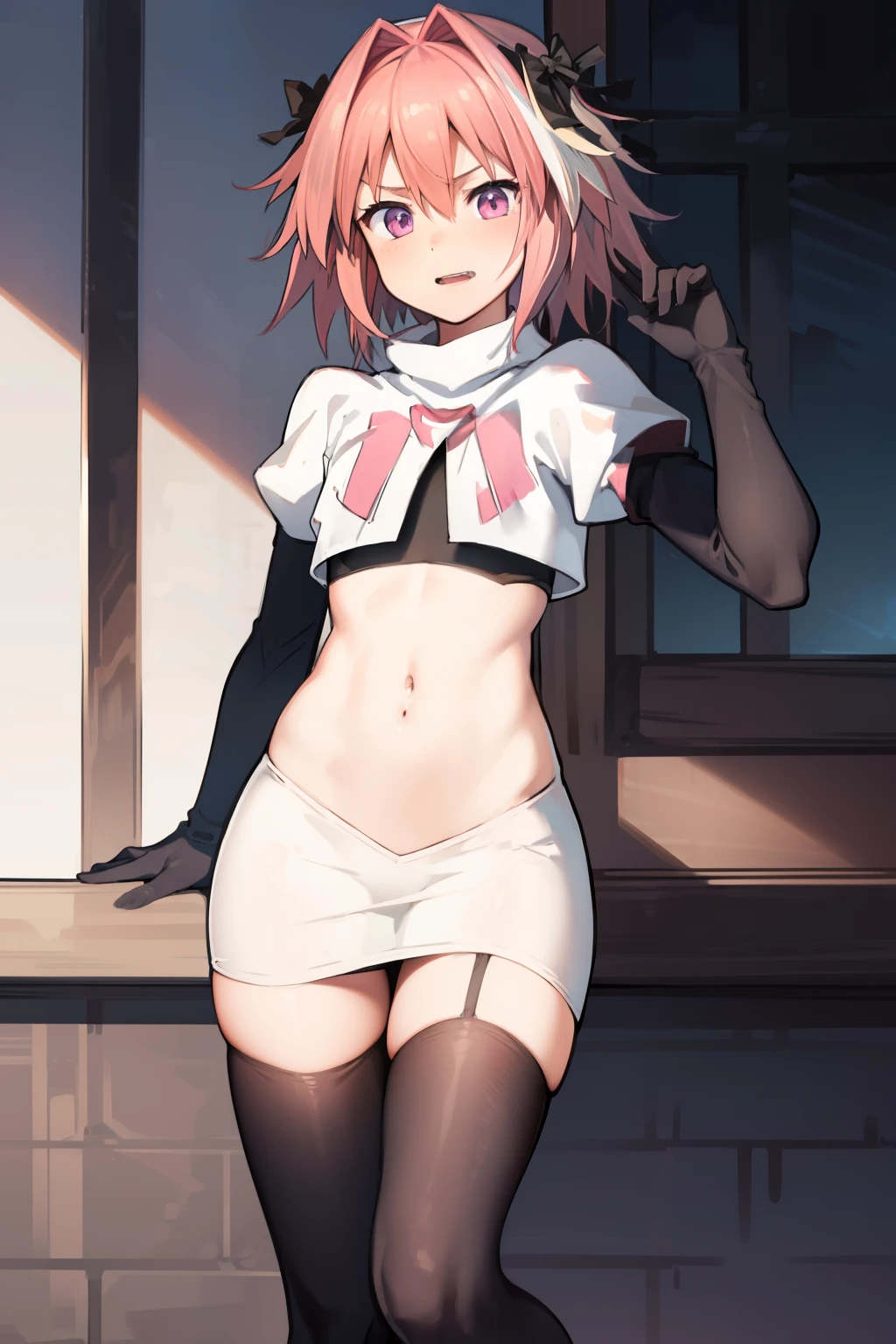 absurdres, masterpiece, best quality, (astolfo fate:1.2155), 1boy, male focus, trap, pink multicolored hair, pink hair, white hair, hair intakes, long hair, pink detailed eyes, crossdressing,1boy, team rocket,team rocket uniform, red letter R, white skirt,white crop top,black thigh-highs,black elbow gloves
