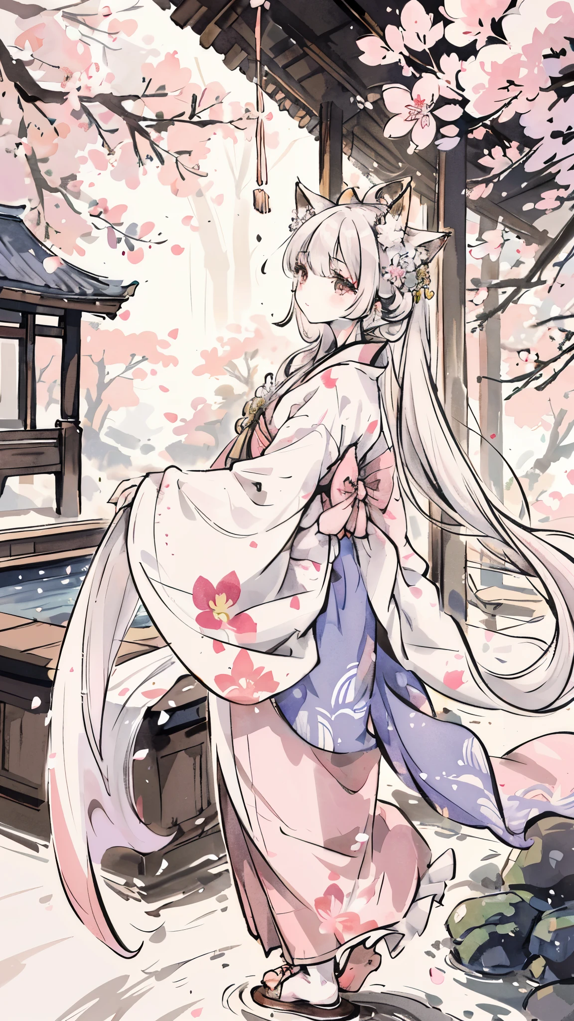 fox ears, fox tails, fluffy tails, ((4k,masterpiece,highest quality)), Shuimobisim, traditional chinese ink painting, lotus, Hanfu, maxi kit, dress modestly, alone, blue long hair, smile, Are standing, feet in the water, barefoot, add_detail:1, add_detail:0, add_detail:0.5             fox ears, fox tails(beautiful detailed eyes, long eyelashes), cherry blossoms, traditional Japanese garden, soft lighting, vibrant colors, ethereal atmosphere, (peaceful expression), graceful pose, traditional Japanese art style, subtle textures, (pink and white color palette), (delicate floral patterns on the kimono)