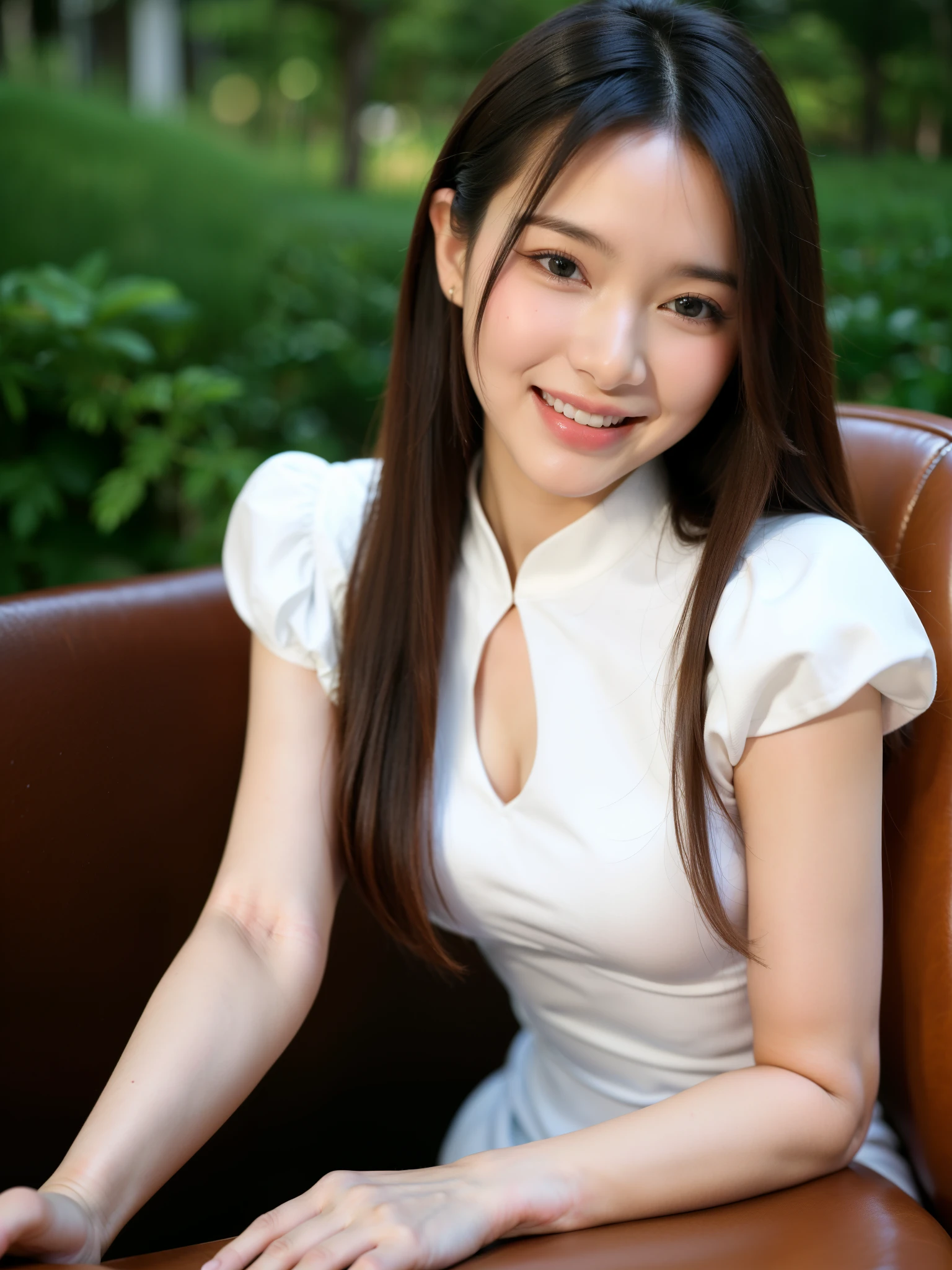 highest quality, masterpiece, ultra high resolution, 8k, born, (photo-realistic:1.4), professional lighting, sharp focus, 1 girl, (detailed background:1.5), at the cafe, whole body, thin, sit on a chair, cute, 24-years-old, smile, small breasts, fine clothes, embroidery dress, mock neck