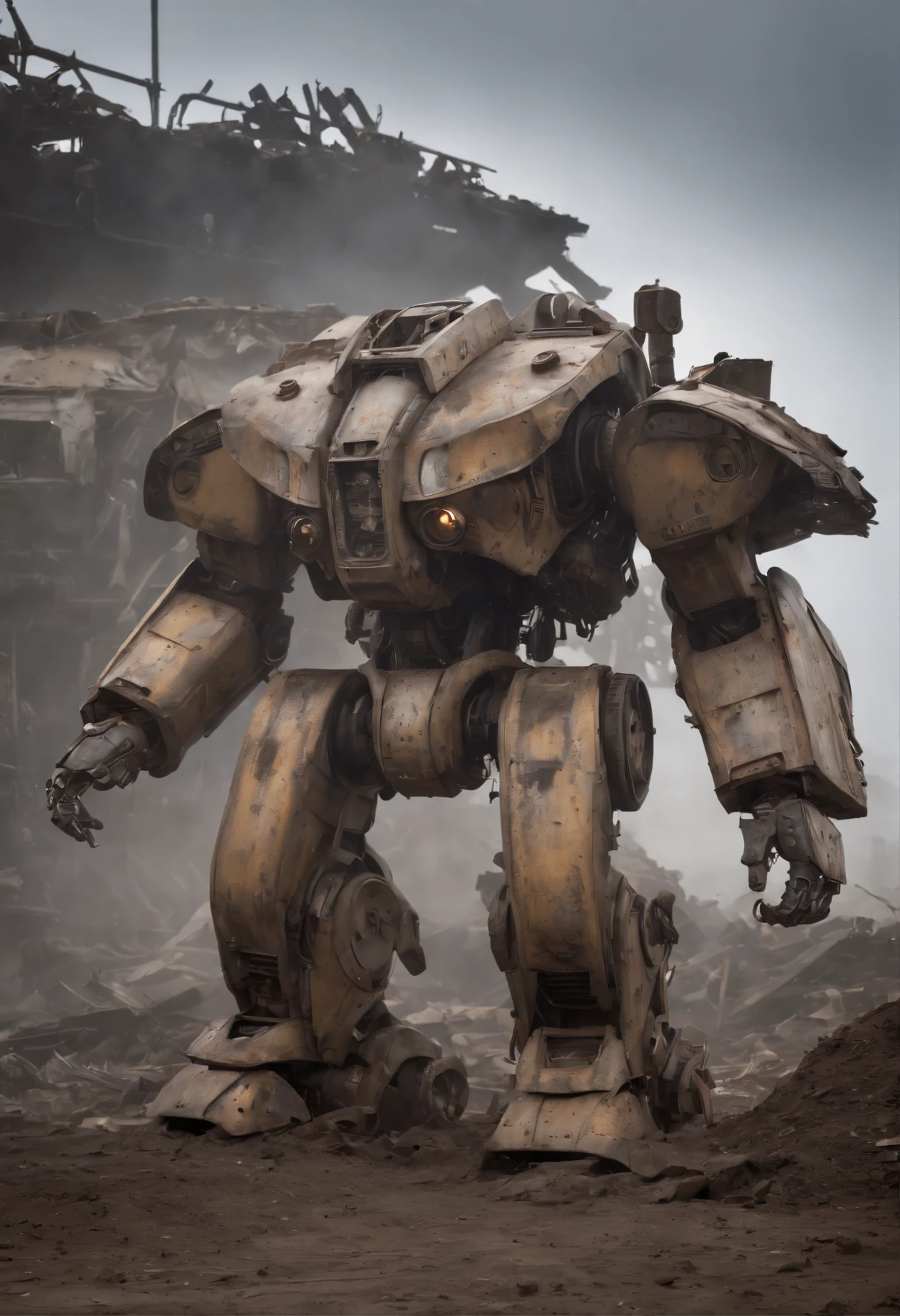 cinematic photo Mechanical cyborg (Iron Man), (((steampunk))), rusty old armor, old metal, robot, (((full body visible))), wires, realistic, creepy, scary, cables, apocalyptic background, looking at viewer, portrait, photography, detailed skin, realistic, photo-realistic, 8k, highly detailed, full length frame, High detail RAW color art, piercing, diffused soft lighting, shallow depth of field, sharp focus, hyperrealism, cinematic lighting,5mm photograph, film, bokeh, professional, 4k, highly detailed