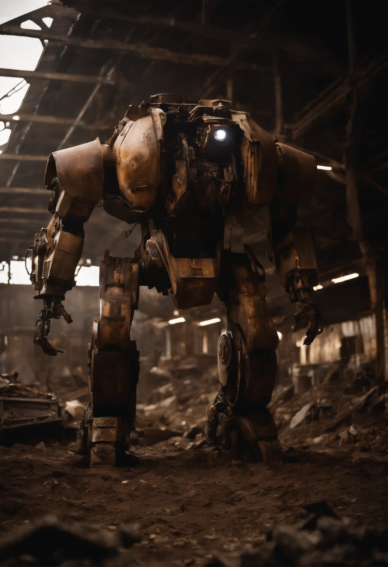 cinematic photo Mechanical cyborg (Iron Man), (((steampunk))), rusty old armor, old metal, robot, (((full body visible))), wires, realistic, creepy, scary, cables, apocalyptic background, looking at viewer, portrait, photography, detailed skin, realistic, photo-realistic, 8k, highly detailed, full length frame, High detail RAW color art, piercing, diffused soft lighting, shallow depth of field, sharp focus, hyperrealism, cinematic lighting,5mm photograph, film, bokeh, professional, 4k, highly detailed