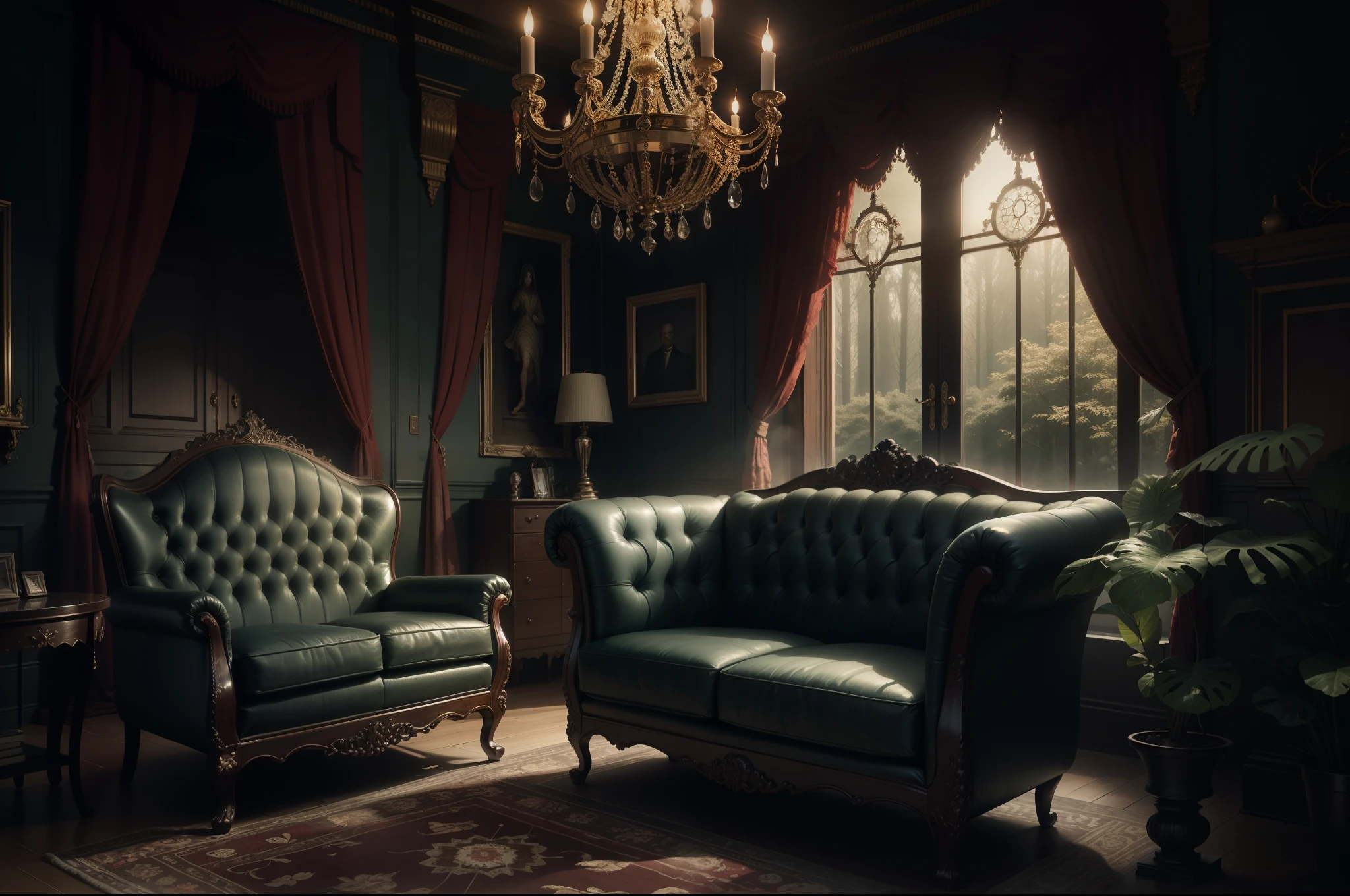 Western style living room deep in a dark and mysterious forest、An old sofa、Old fashioned luxury interior、magic、, interior architecture, gothic art, Verism, first-person view, outside, canon, Super detail, high quality, A high resolution, 8K, Best quality