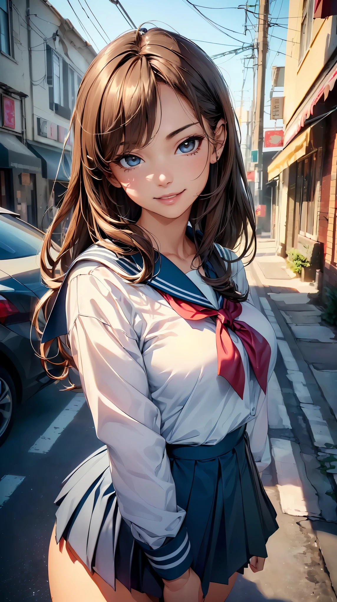 (8k, Super realistic,最high quality, high quality, High resolution, high quality texture, masterpiece:1.2, Highly detailed CG,detailed texture, unreal engine), (small face, realistic facial expression), (high detail skin:1.2), one woman, (brown hair, straight hair, black eye), (slim body shape:1.4, A woman with a slender body and big breasts), very detailed顔と肌の質感, ((turn to the side:1.2)), ((photo shootのためポーズをとる)), (smile:1.5), (((sailor suit, school uniform), ((photo shoot, Standing)), face close up shot:1.2, beautiful skin, shiny skin, perfect fingers, five fingers, anatomically correct, background bokeh, high quality, surreal, bright colors, ((nikon, 50㎜, f/1.8, very detailed, photo shoot)),