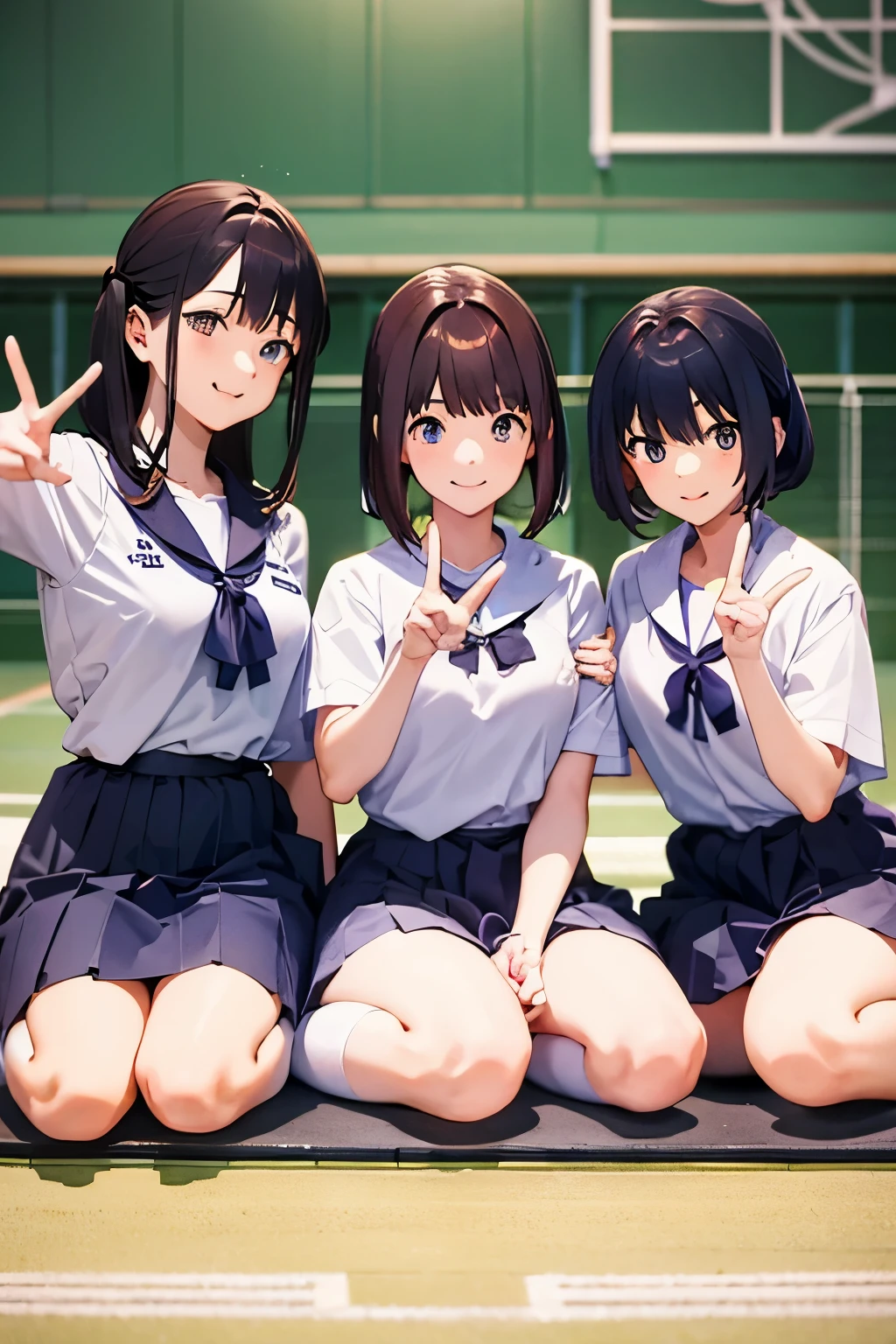 Three high school girls are sitting on the floor in gym clothes.、The three people are making a peace sign, Happy!!!, Japanese high school, various poses, 8k!!, Japanese anime, Immortal cliff, 🚿🗝📝, Kyoto animation style, 2D anime, three-dimensional