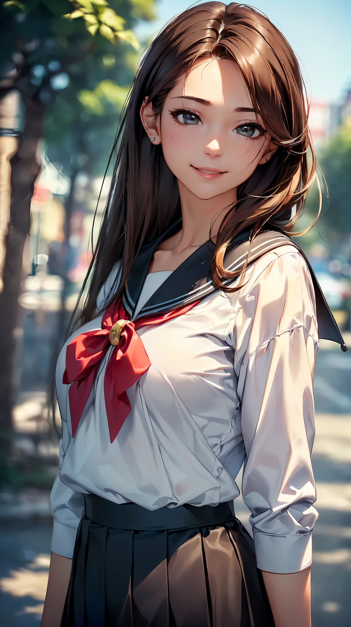 (8k, Super realistic,最high quality, high quality, High resolution, high quality texture, masterpiece:1.2, Highly detailed CG,detailed texture, unreal engine), (small face, realistic facial expression), (high detail skin:1.2), one woman, (brown hair, straight hair, black eye), (slim body shape:1.4, A woman with a slender body and big breasts), very detailed顔と肌の質感, ((turn to the side:1.2)), ((photo shootのためポーズをとる)), (smile:1.5), (((sailor suit, school uniform), ((photo shoot, Standing)), face close up shot:1.2, beautiful skin, shiny skin, perfect fingers, five fingers, anatomically correct, background bokeh, high quality, surreal, bright colors, ((nikon, 50㎜, f/1.8, very detailed, photo shoot)),