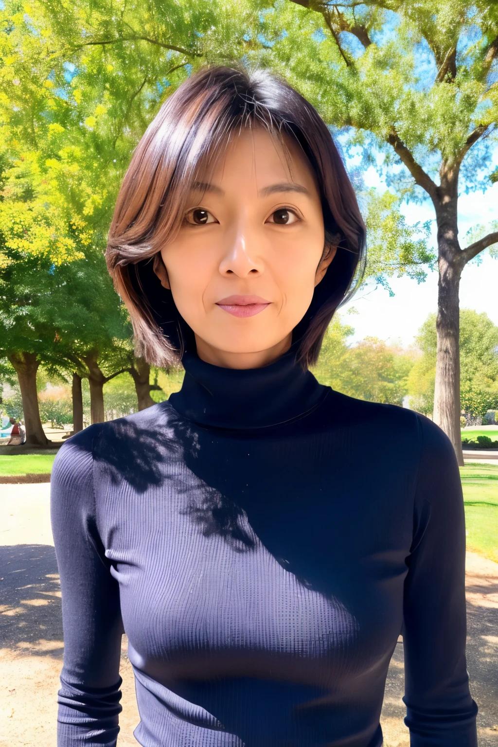 Skinny Japanese lady, 50 years old, cute face, detailed face, natural makeup, detailed eyes, turtle neck sweater, tight jean pants, small breasts, very thin wasit, standing in the park, sunshine, (upper-body photo)