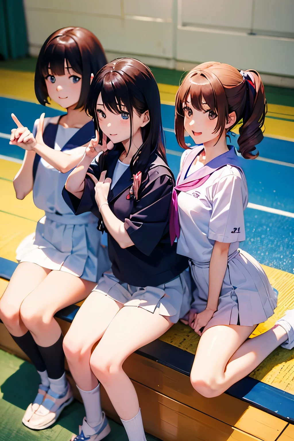 Three high school girls are sitting on the floor in gym clothes.、The three people are making a peace sign, Happy!!!, Japanese high school, various poses, 8k!!, Japanese anime, Immortal cliff, 🚿🗝📝, Kyoto animation style, 2D anime, three-dimensional