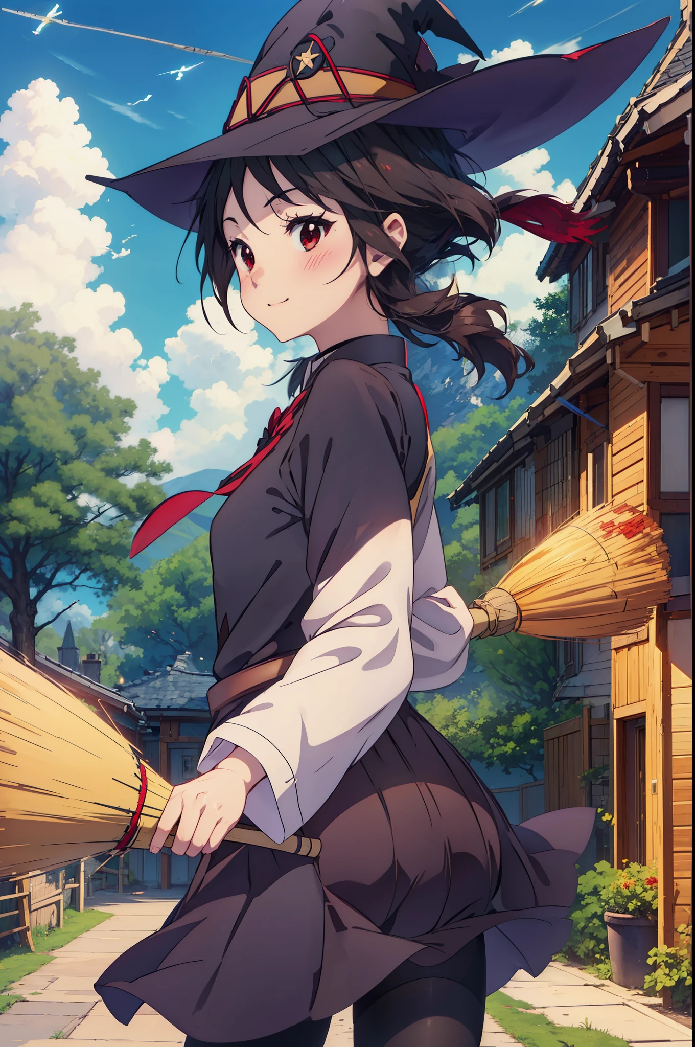 konosubaMegumin, Megumin, short hair, black hair, (red eyes:1.3), short hair with long locks,White sailor,Red cardigan,black pleated skirt,gray pantyhose,brown loafers,
((((flying witch))),((Ride a broom)),broom fライト,Straddling the broom,smile,blush,
break outdoor, forest, nature, wood, village, null, sun, cloud,
break looking at viewer, (cowboy shot:1.5),
break (masterpiece:1.2), highest quality, High resolution, unity 8k wallpaper, (figure:0.8), (detailed and beautiful eyes:1.6), highly detailed face, perfect lighting, Very detailed CG, (perfect hands, perfect anatomy),