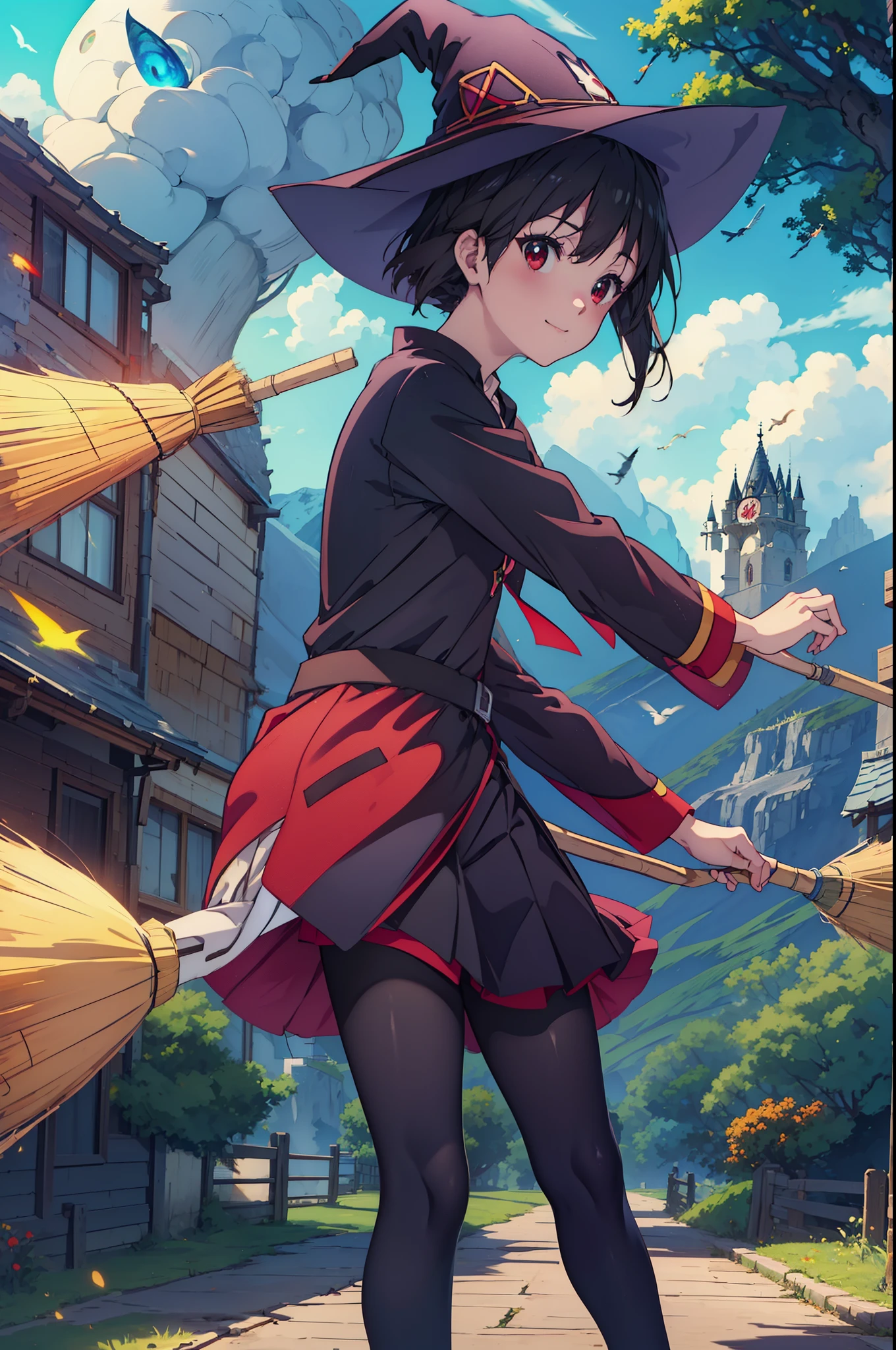 konosubaMegumin, Megumin, short hair, black hair, (red eyes:1.3), short hair with long locks,White sailor,Red cardigan,black pleated skirt,gray pantyhose,brown loafers,
((((flying witch))),((Ride a broom)),broom fライト,Straddling the broom,smile,blush,
break outdoor, forest, nature, wood, village, null, sun, cloud,
break looking at viewer, (cowboy shot:1.5),
break (masterpiece:1.2), highest quality, High resolution, unity 8k wallpaper, (figure:0.8), (detailed and beautiful eyes:1.6), highly detailed face, perfect lighting, Very detailed CG, (perfect hands, perfect anatomy),