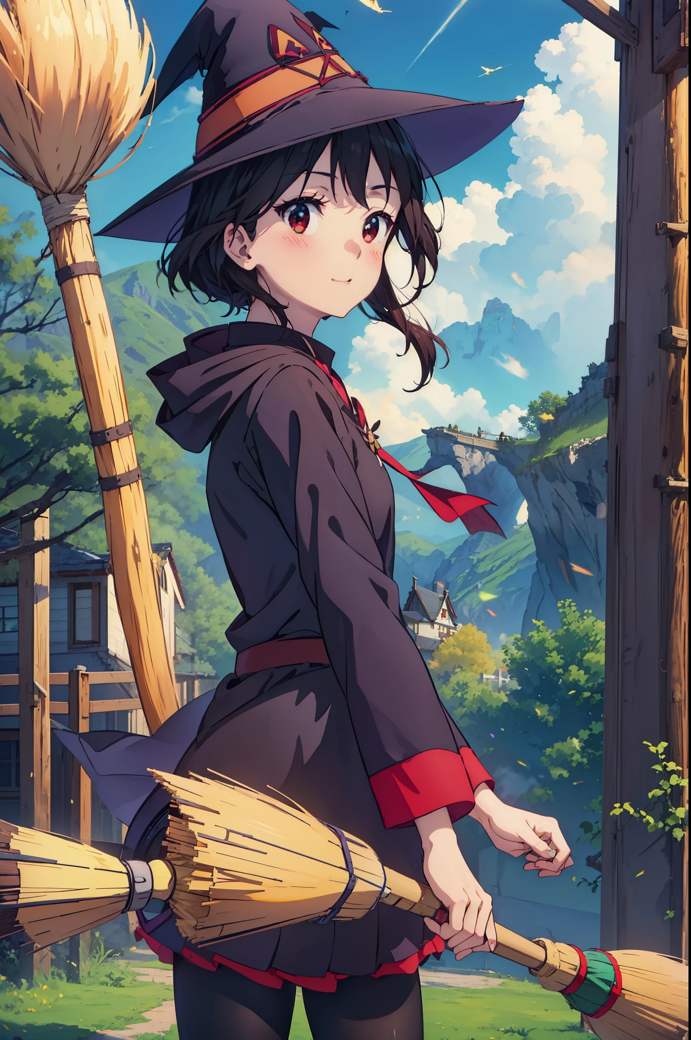 konosubaMegumin, Megumin, short hair, black hair, (red eyes:1.3), short hair with long locks,White sailor,Red cardigan,black pleated skirt,gray pantyhose,brown loafers,
((((flying witch))),((Broom 1:ride 1)),broom fライト,Broom 1:Spanning 1,smile,blush,
break outdoor, forest, nature, wood, village, null, sun, cloud,
break looking at viewer, (cowboy shot:1.5),
break (masterpiece:1.2), highest quality, High resolution, unity 8k wallpaper, (figure:0.8), (detailed and beautiful eyes:1.6), highly detailed face, perfect lighting, Very detailed CG, (perfect hands, perfect anatomy),