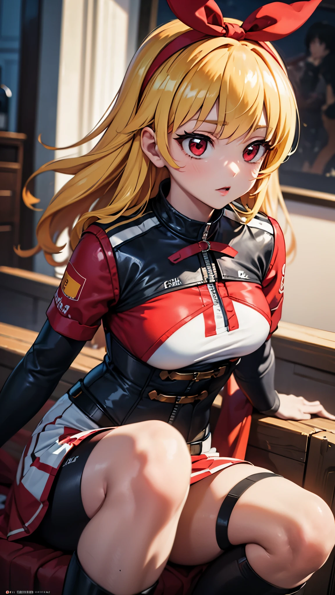 ,(masterpiece, best quality, highly detailed, ultra detailed, high resolution, absurdres, 4K, 8K:1.2), (official art, incredibly fine illustration, detailed background, cinematic lighting, dynamic angle, perfect hands)
BREAK,,(RED Ribbon on HAIRband:1.2),Blonde HAIR,Floating hair,,RED eyes,formula1,grandprix,racing suit,thighhigh boots,zettai ryouiki,sexy driver,sexy girl