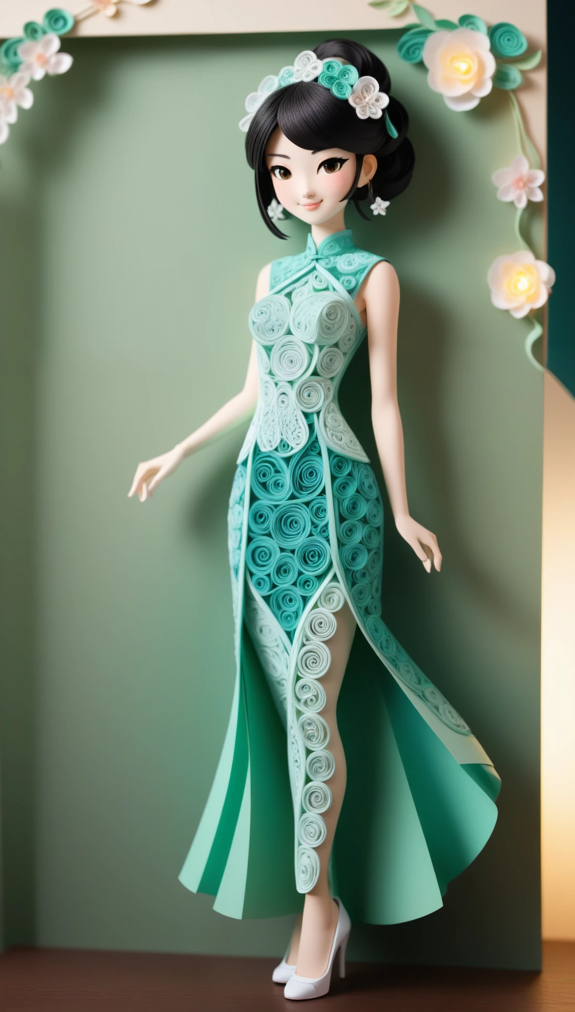 (paper art,layered paper art,paper quilling,paper-cut,paper sculpture), 1 Cheongsam woman，Slender figure，perfectly proportions，Delicate hair accessories, full body, smile，Oriental elements，simple background, mint green,  (Soft Lighting, Bokeh)